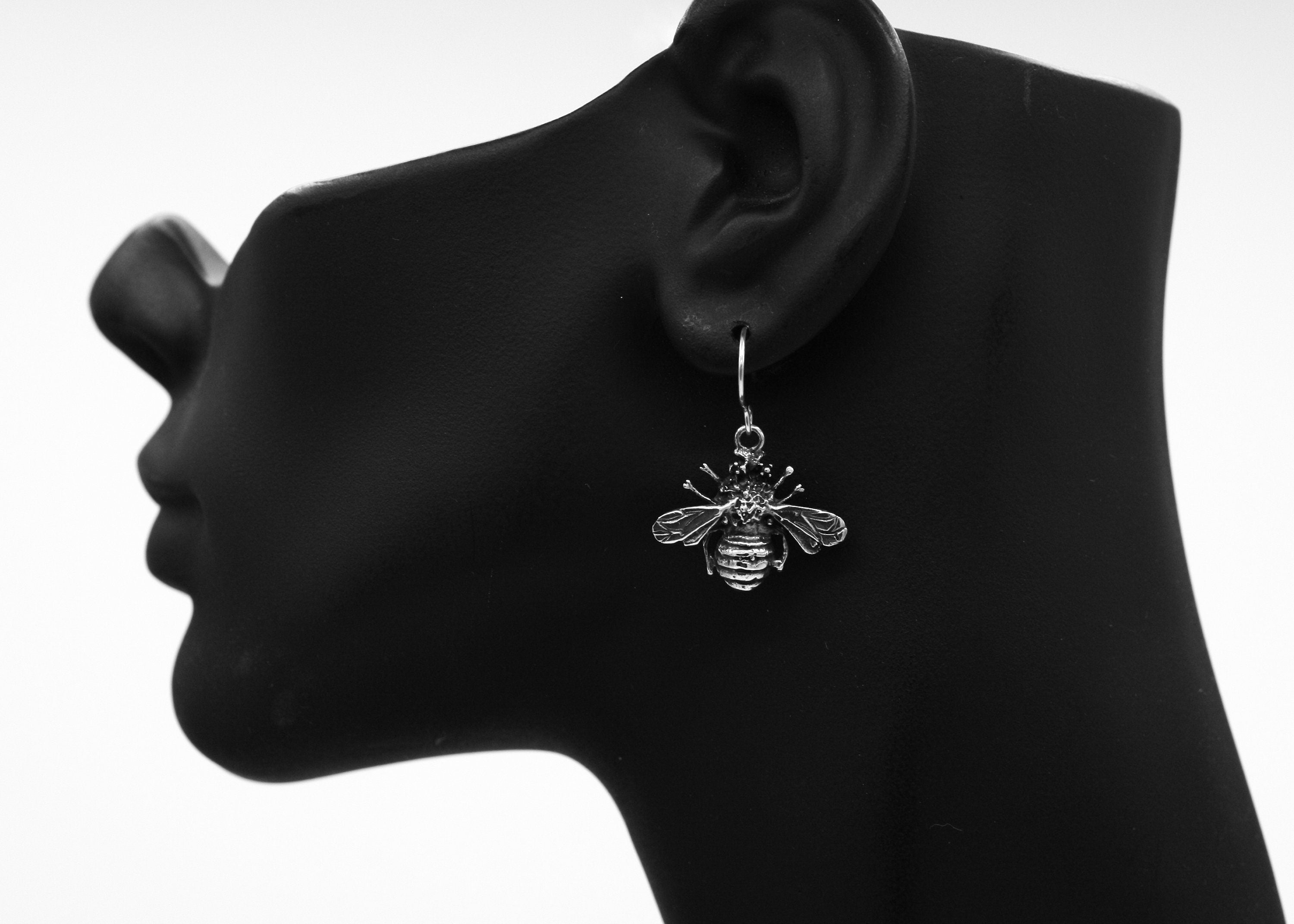 Sterling Silver Bee Dangle Earrings: Rustic Insect Jewelry