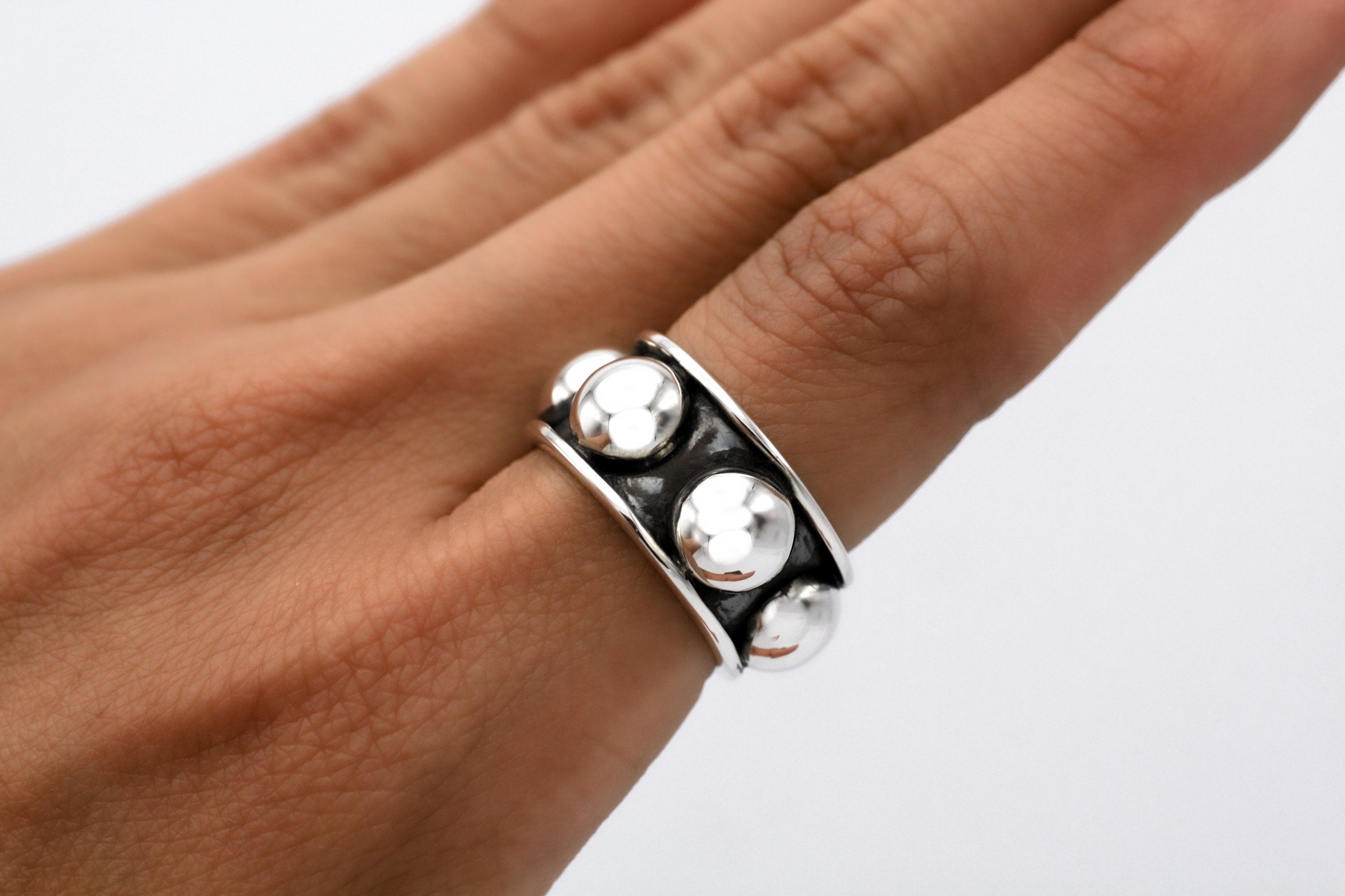 Oxidized Sterling Silver Dome Ring: Chunky Beaded Statement Band, Studded Jewelry