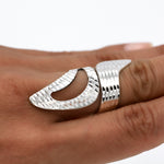Sterling Silver Leaf Adjustable Ring: Long Shiny Disco-Ball Style