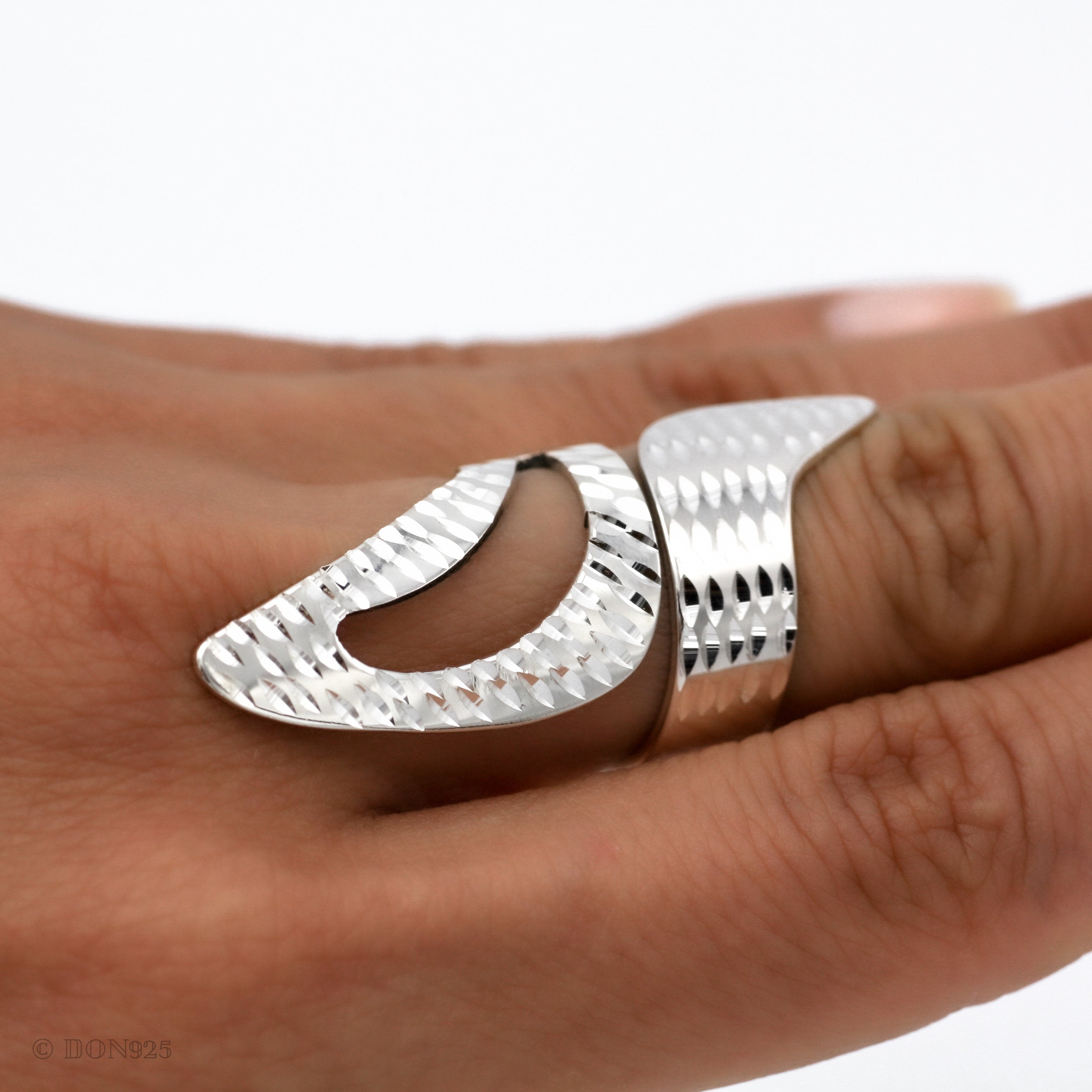 Sterling Silver Leaf Adjustable Ring: Long Shiny Disco-Ball Style