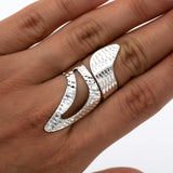 Sterling Silver Leaf Adjustable Ring: Long Shiny Disco-Ball Style