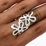 Sterling Silver Long Flower Ring: Shiny Disco-Ball Style