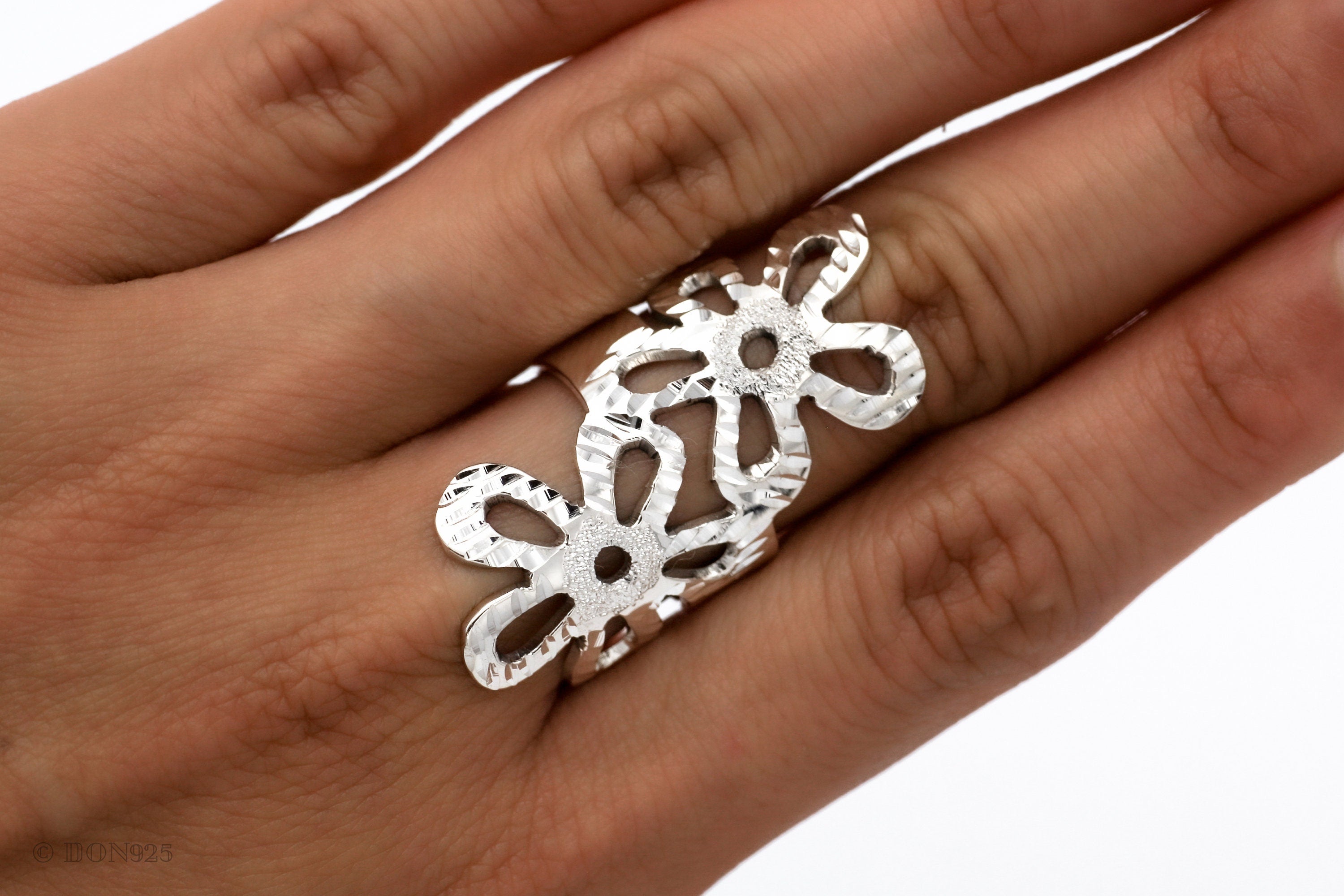 Sterling Silver Long Flower Ring: Shiny Disco-Ball Style