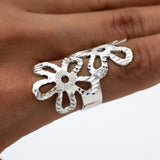 Sterling Silver Long Flower Ring: Shiny Disco-Ball Style