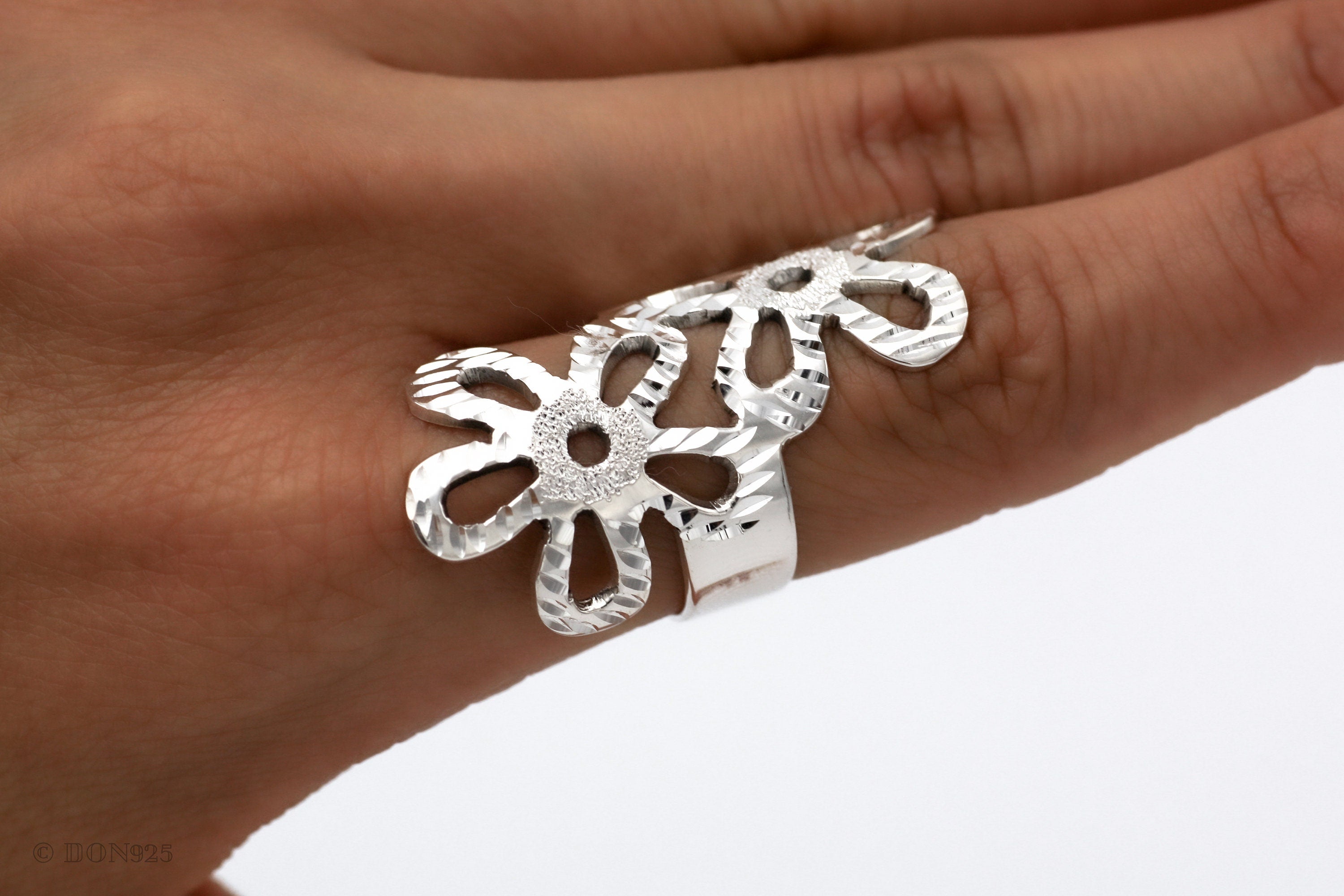Sterling Silver Long Flower Ring: Shiny Disco-Ball Style