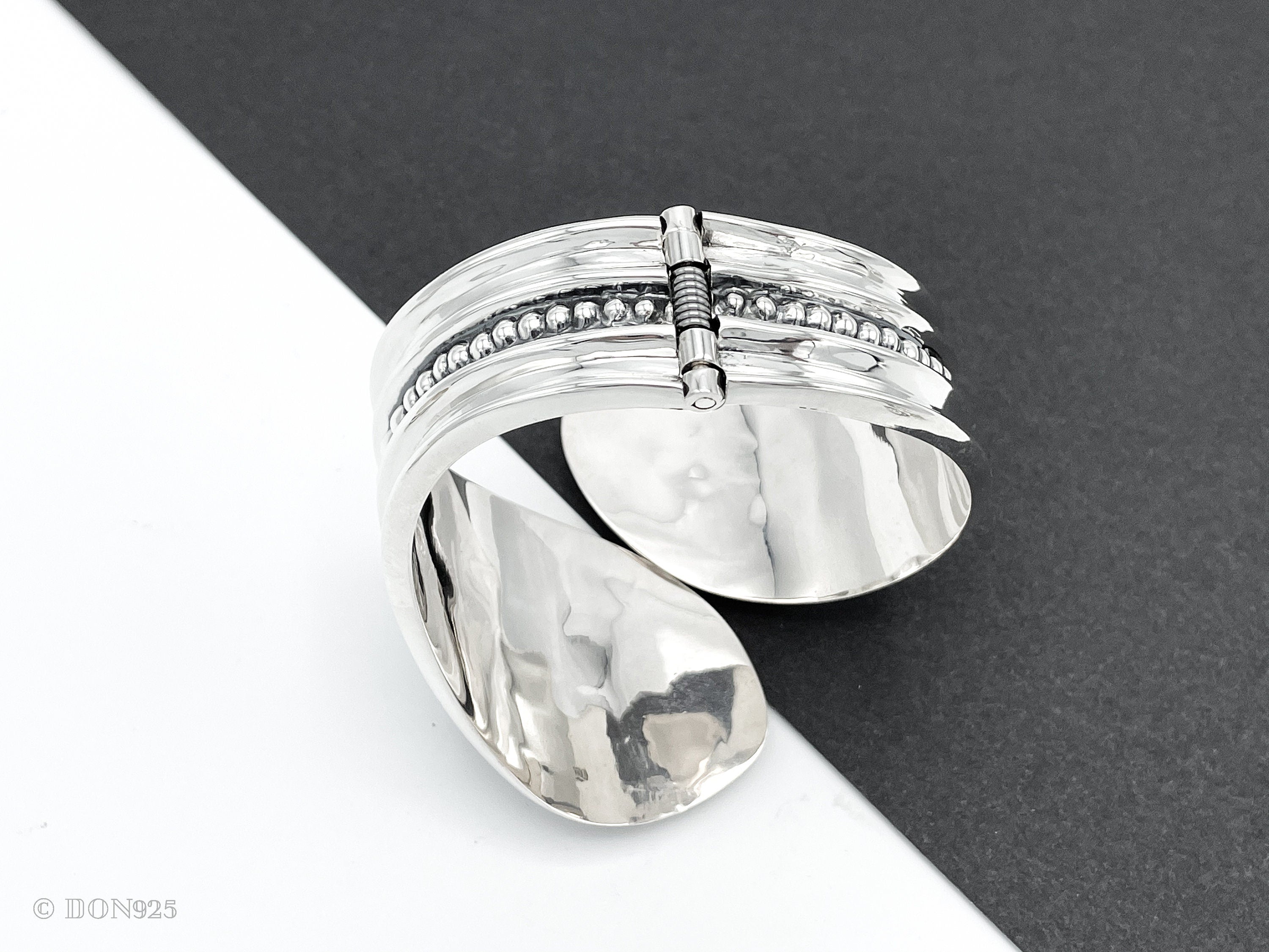 Sterling Silver Dotted Hinged Bangle: Leaf Chunky Mexican Studded Bracelet