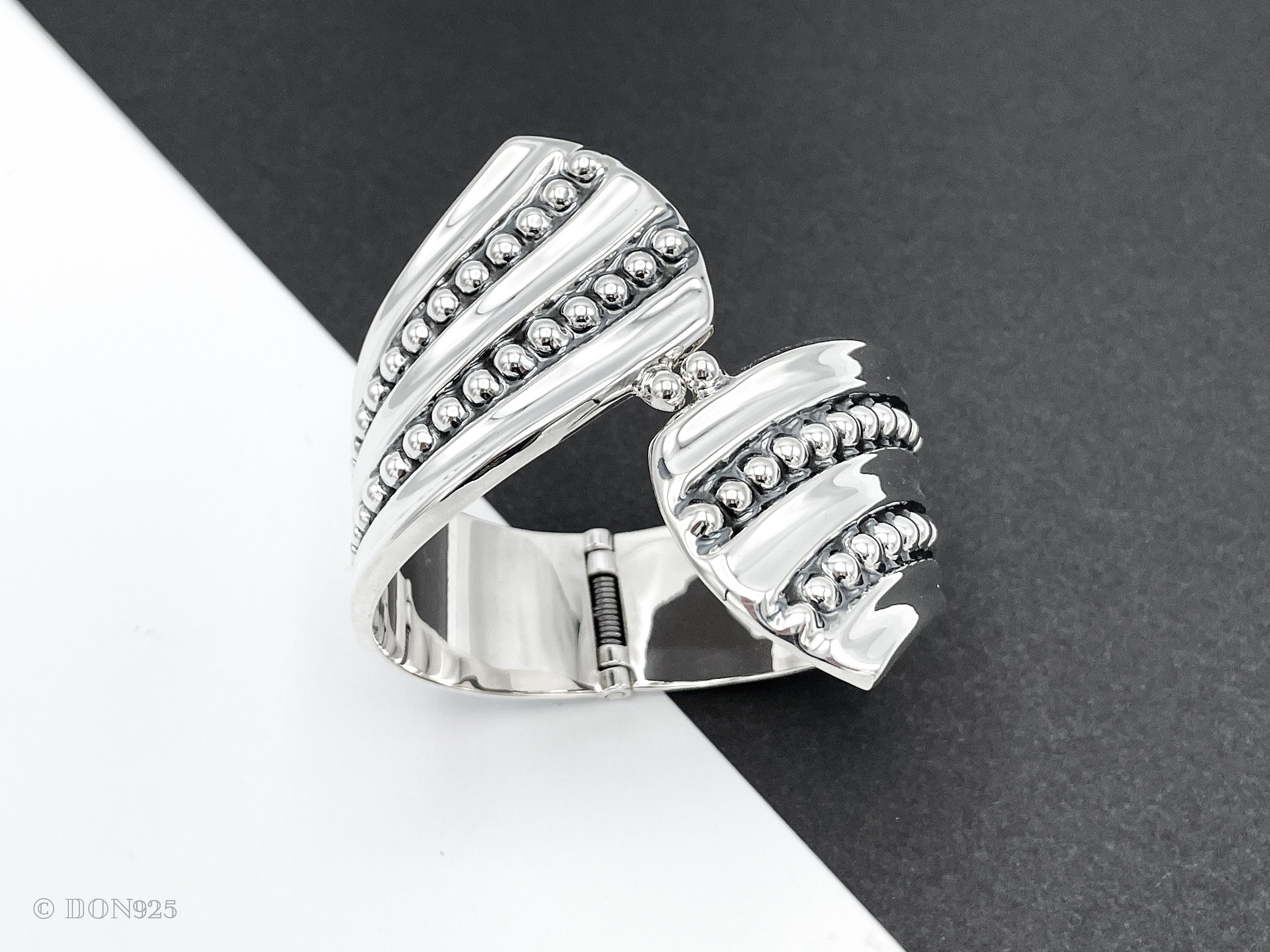 Sterling Silver Dotted Hinged Bangle: Leaf Chunky Mexican Studded Bracelet