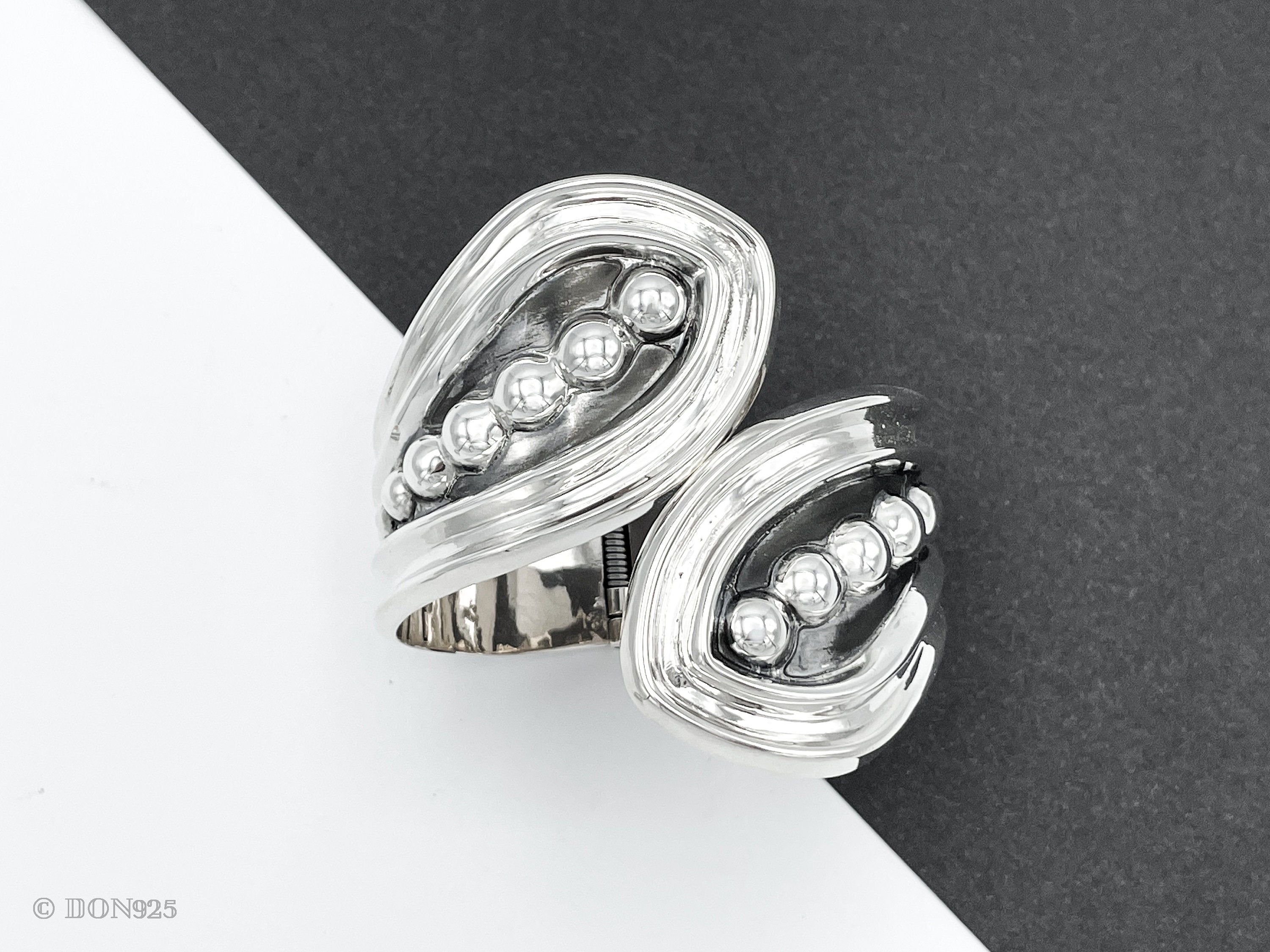 Sterling Silver Dotted Hinged Bangle: Leaf Chunky Mexican Studded Bracelet