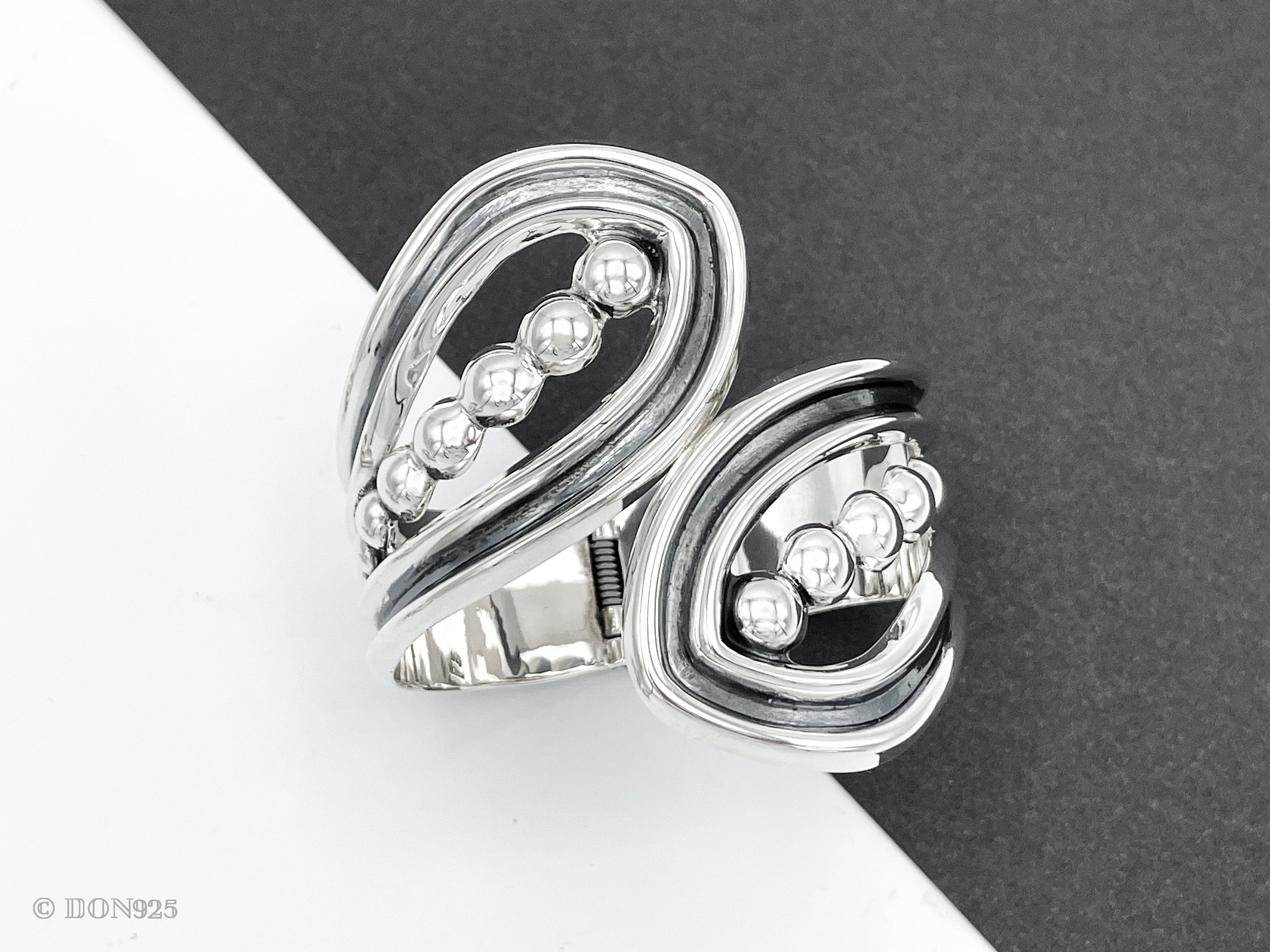 Sterling Silver Dotted Hinged Bangle: Leaf Chunky Mexican Studded Bracelet