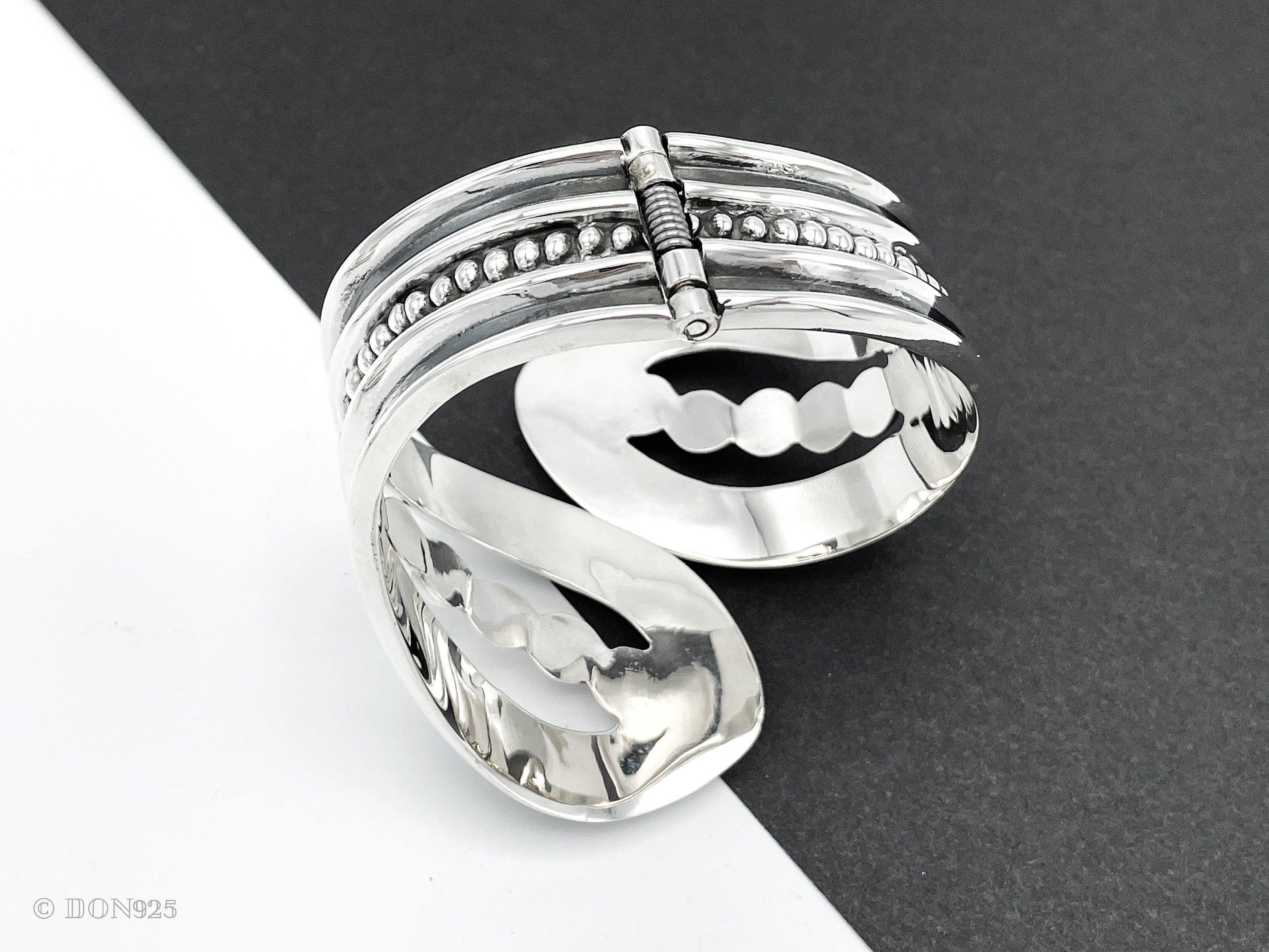 Sterling Silver Dotted Hinged Bangle: Leaf Chunky Mexican Studded Bracelet