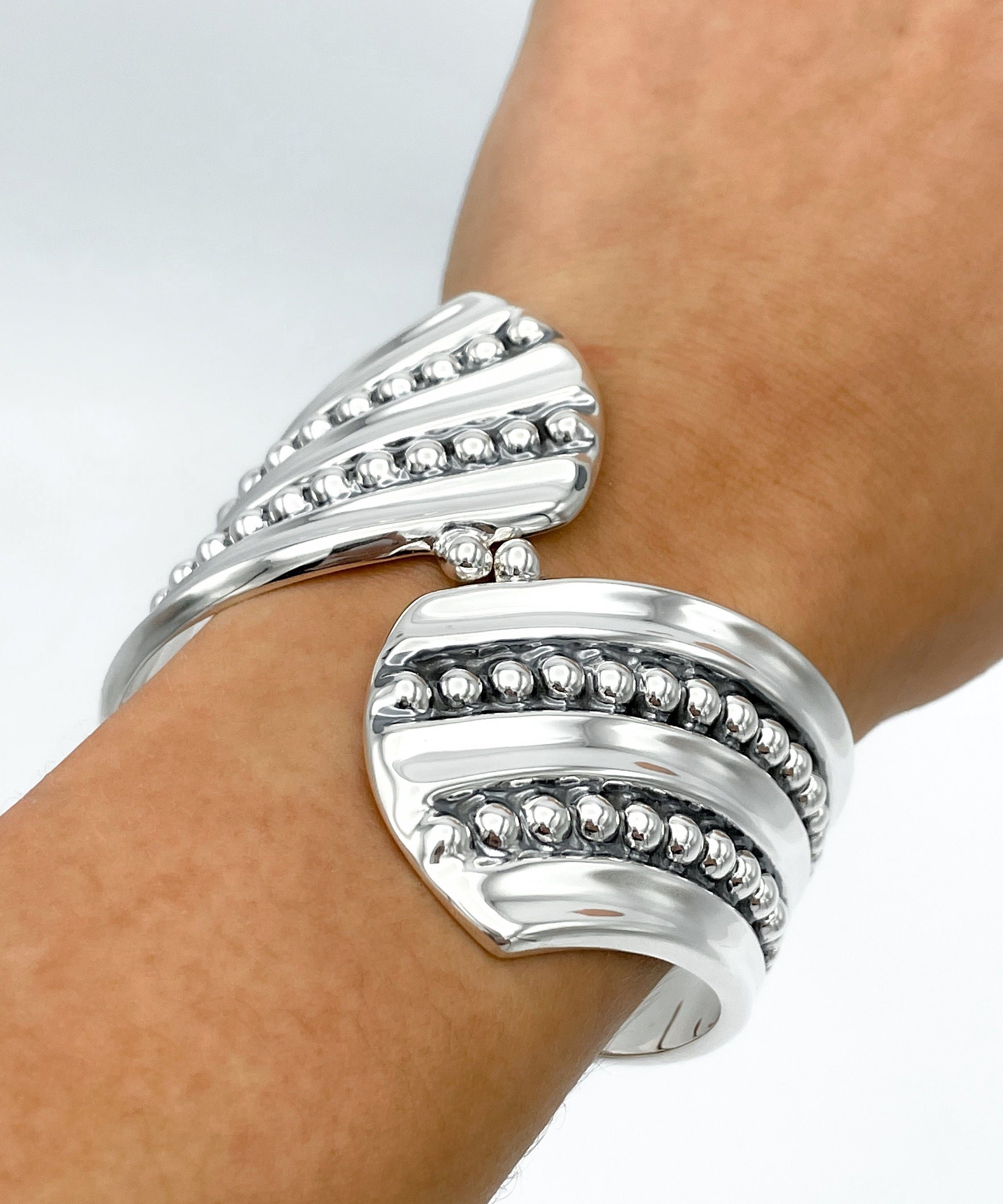 Sterling Silver Dotted Hinged Bangle: Leaf Chunky Mexican Studded Bracelet