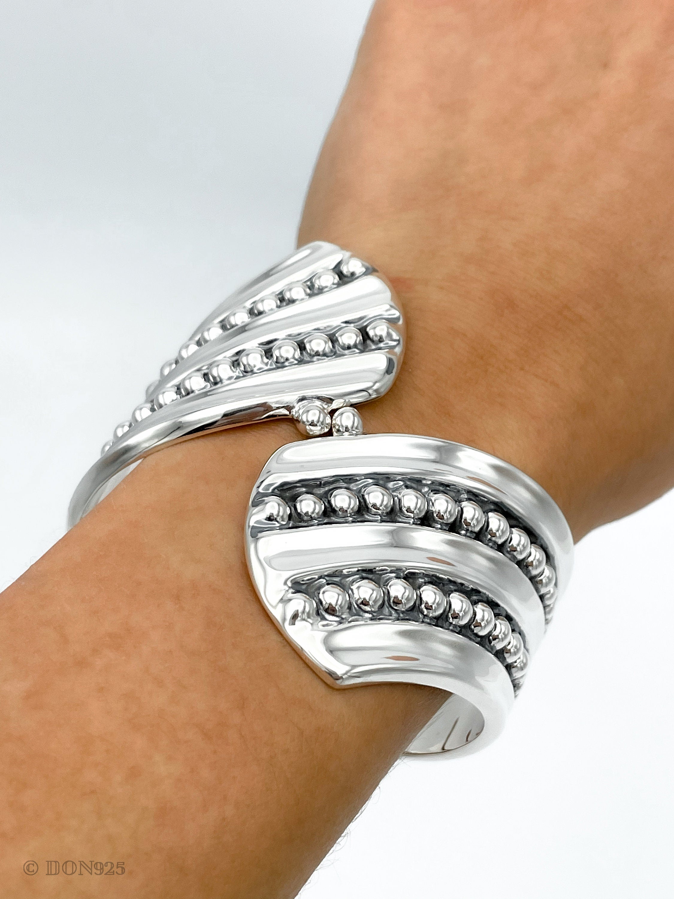 Sterling Silver Dotted Hinged Bangle: Leaf Chunky Mexican Studded Bracelet