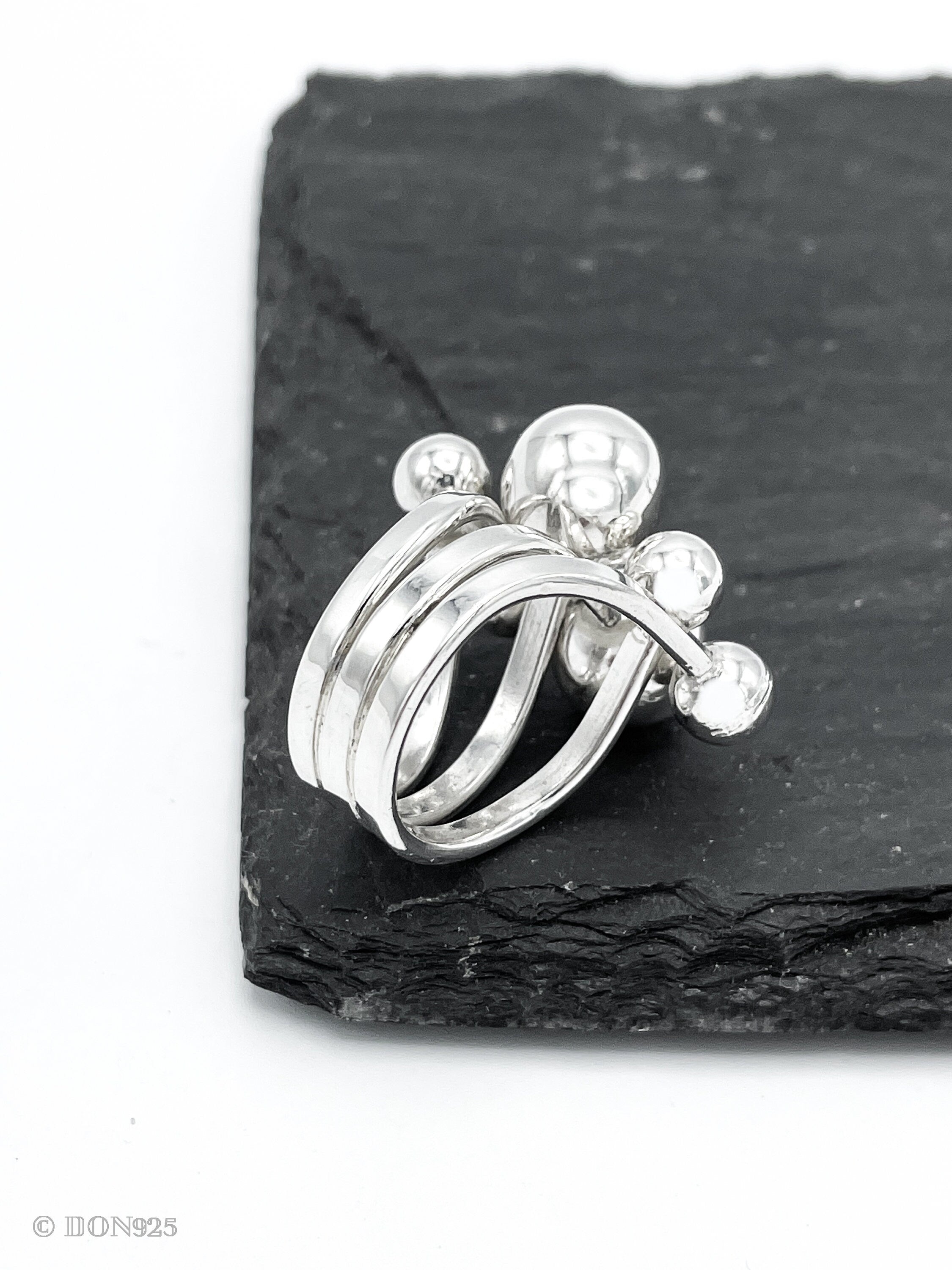 Sterling Silver Bubbles Ring: Chunky Geometric Spheres Statement Jewelry, ORIGINAL DESIGN