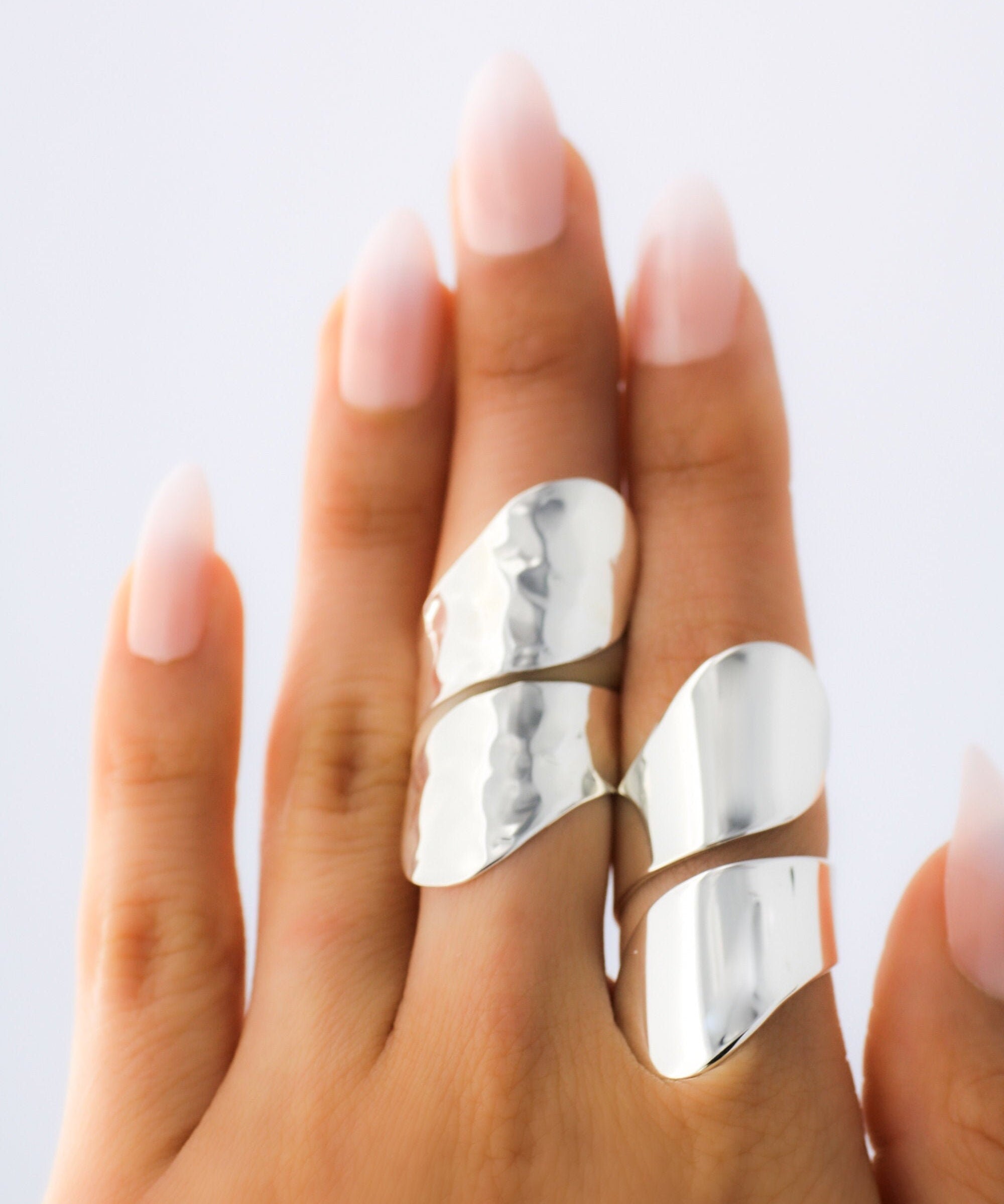 Sterling Silver Long Wrap Shield Ring: Adjustable Chunky Statement Ring