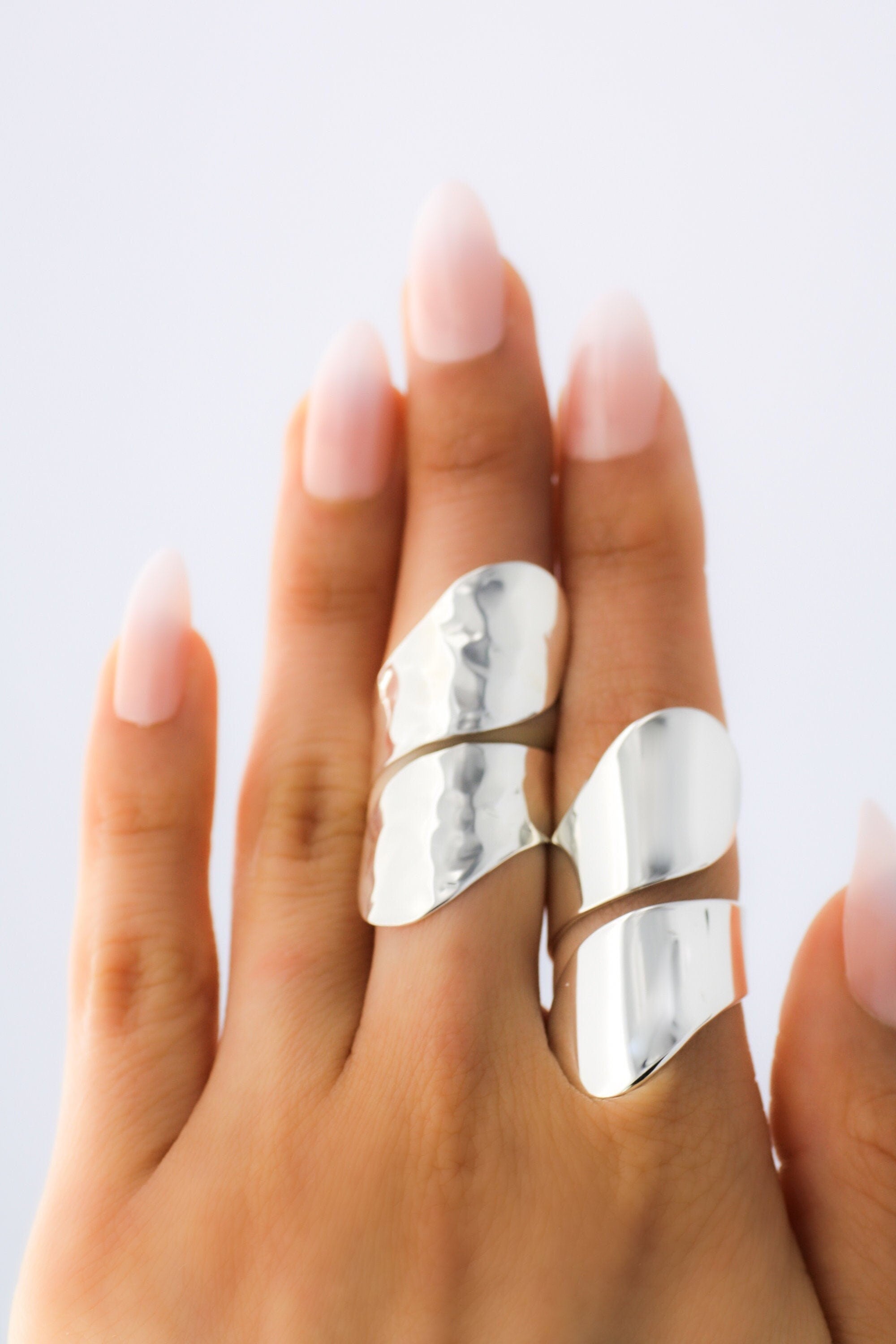 Sterling Silver Long Wrap Shield Ring: Adjustable Chunky Statement Ring