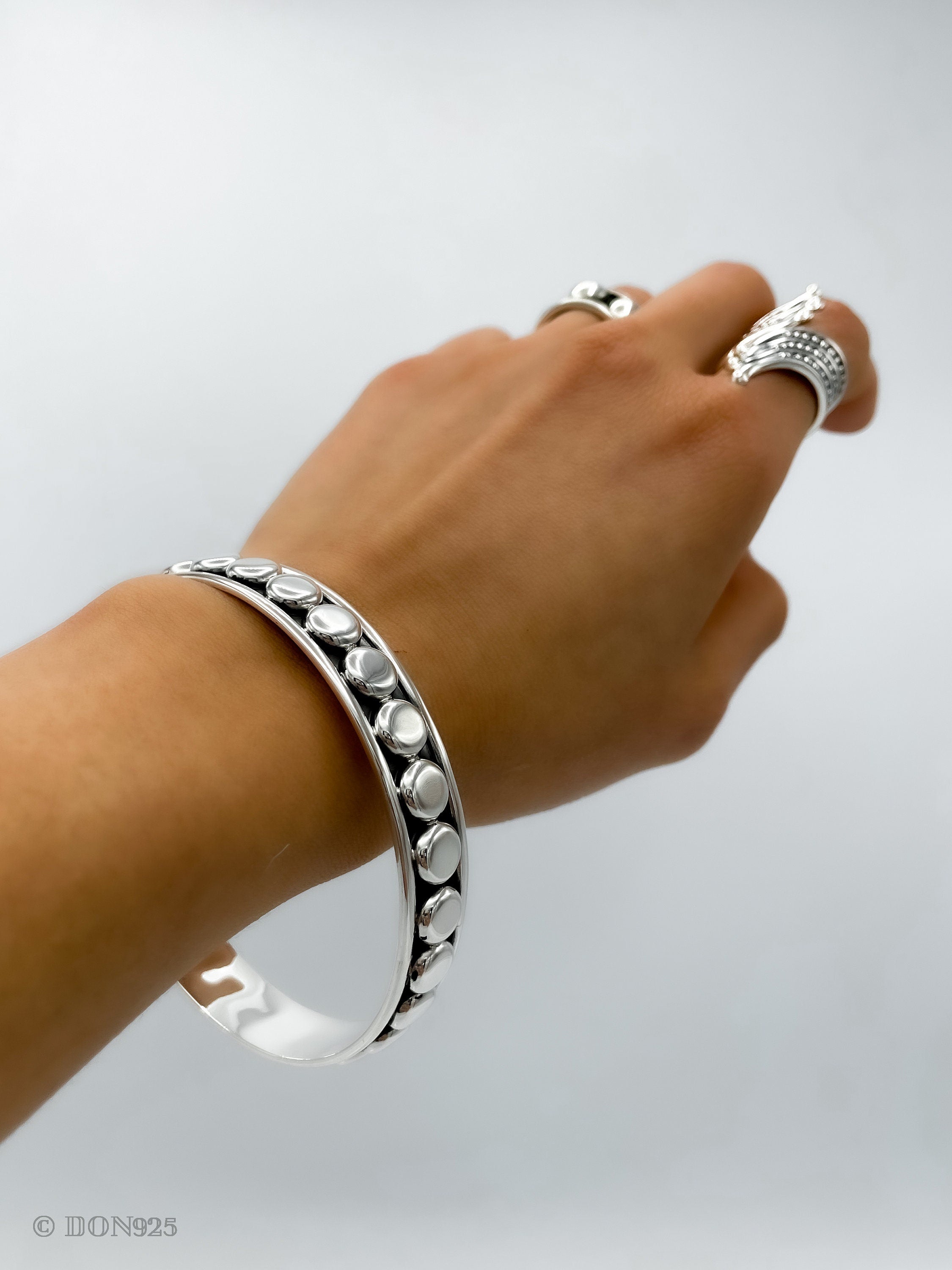 Sterling Silver Southwestern Studded Bangle Bracelet: Squares or Circles Pattern