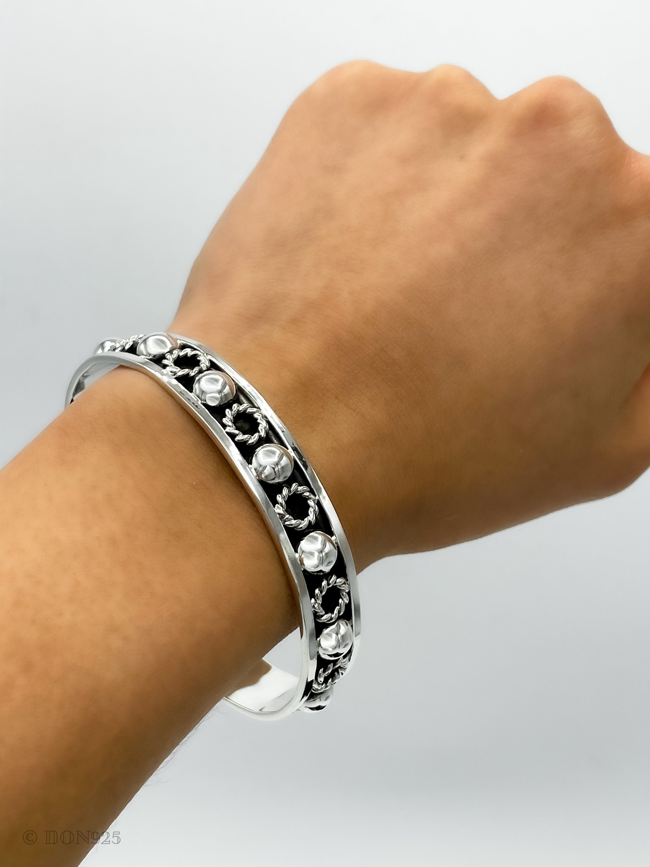 Sterling Silver Beaded Cuff Bracelet: Taxco Bohemian Studded Jewelry