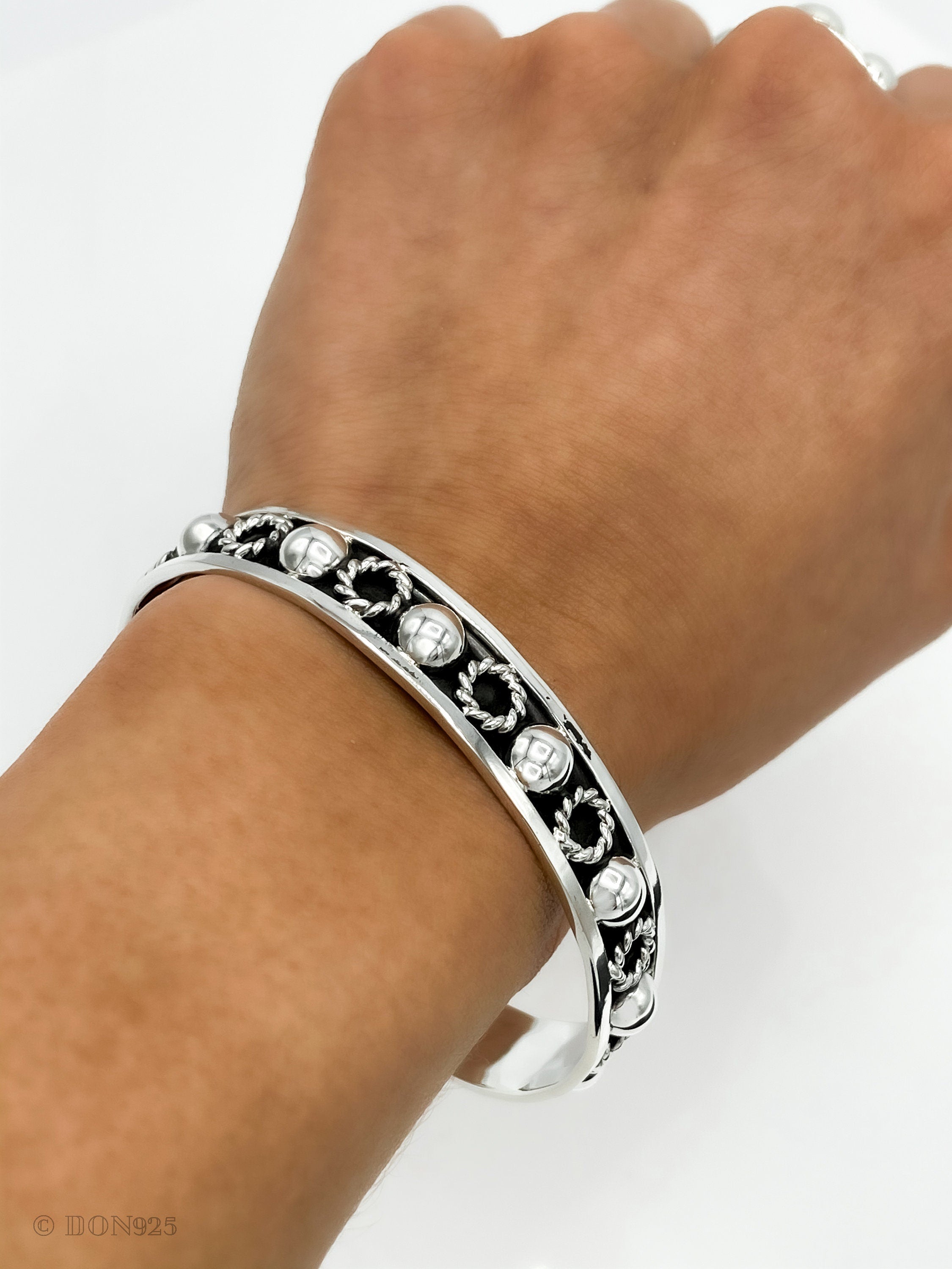 Sterling Silver Beaded Cuff Bracelet: Taxco Bohemian Studded Jewelry