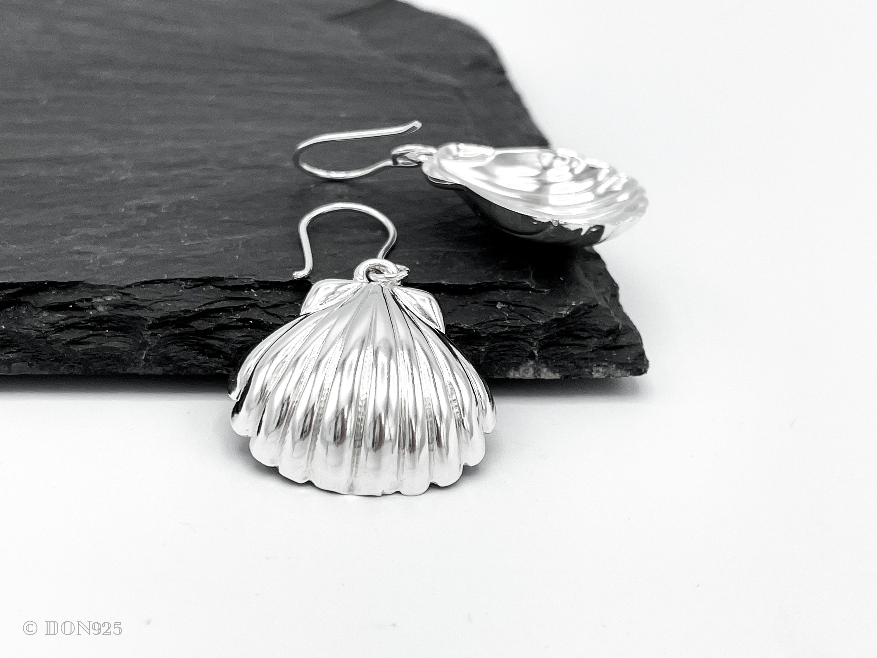 Large Sterling Silver Seashell Drop Earrings: Statement Beach Jewelry