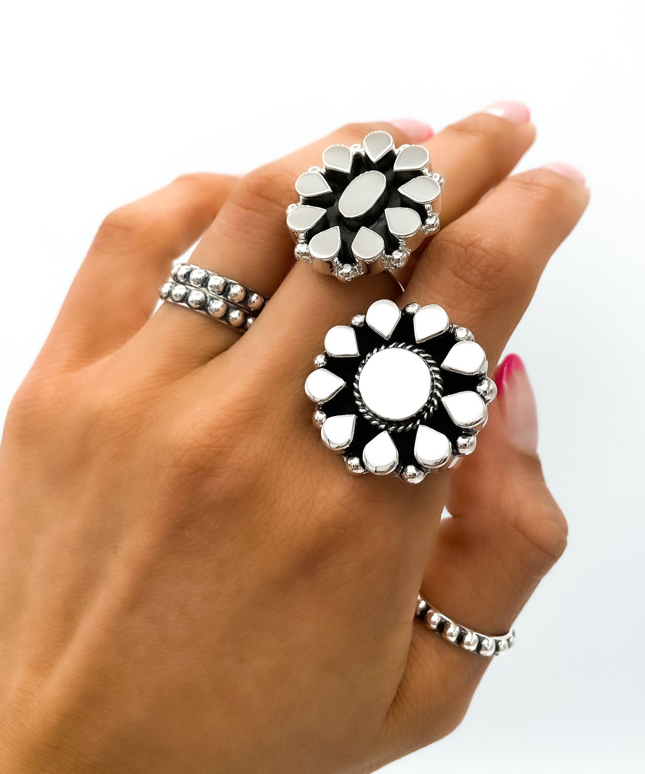 Sterling Silver Boho Flower Ring: Adjustable Statement Jewelry