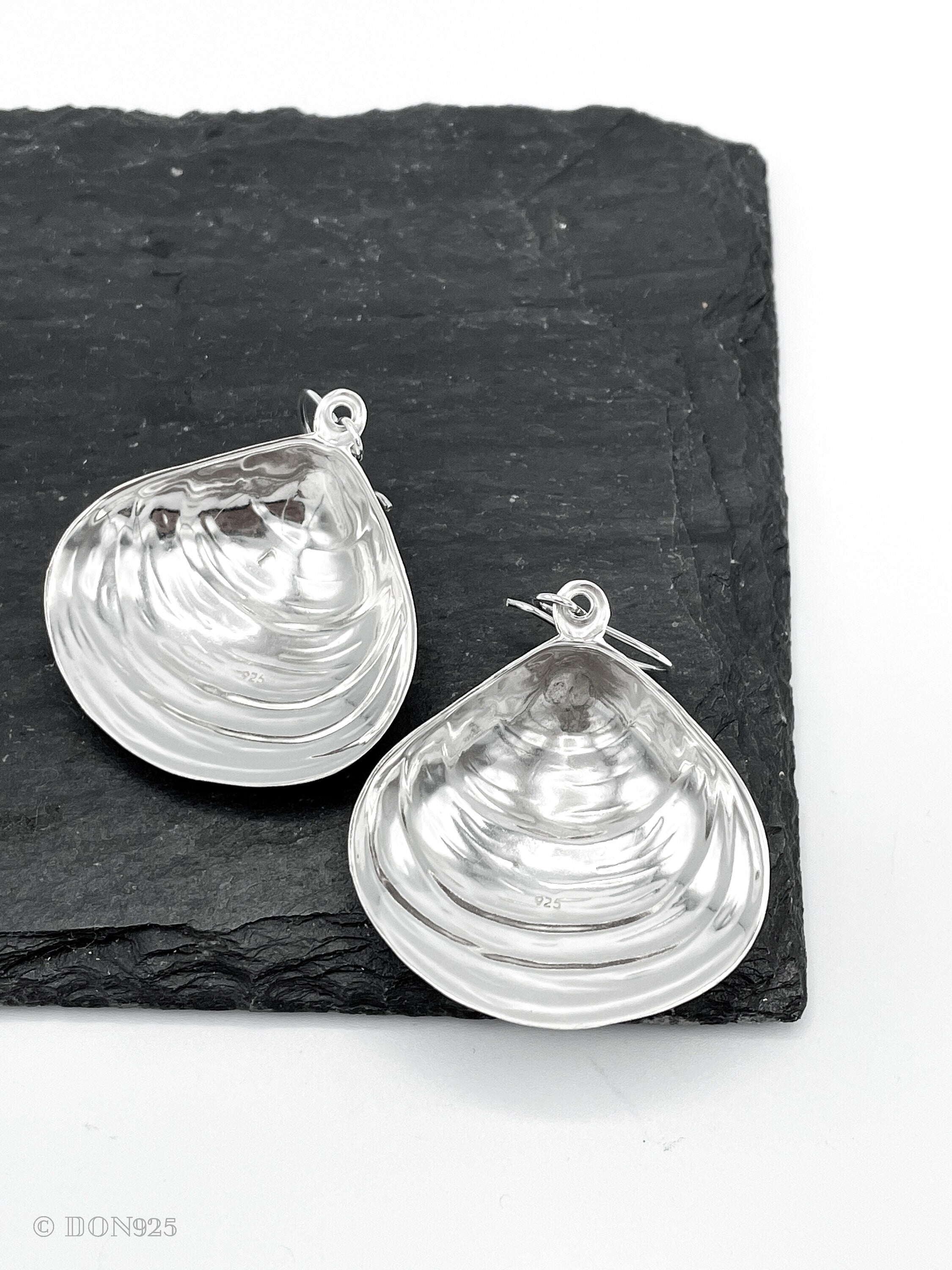Big Sterling Silver Clam Shell Dangle Earrings
