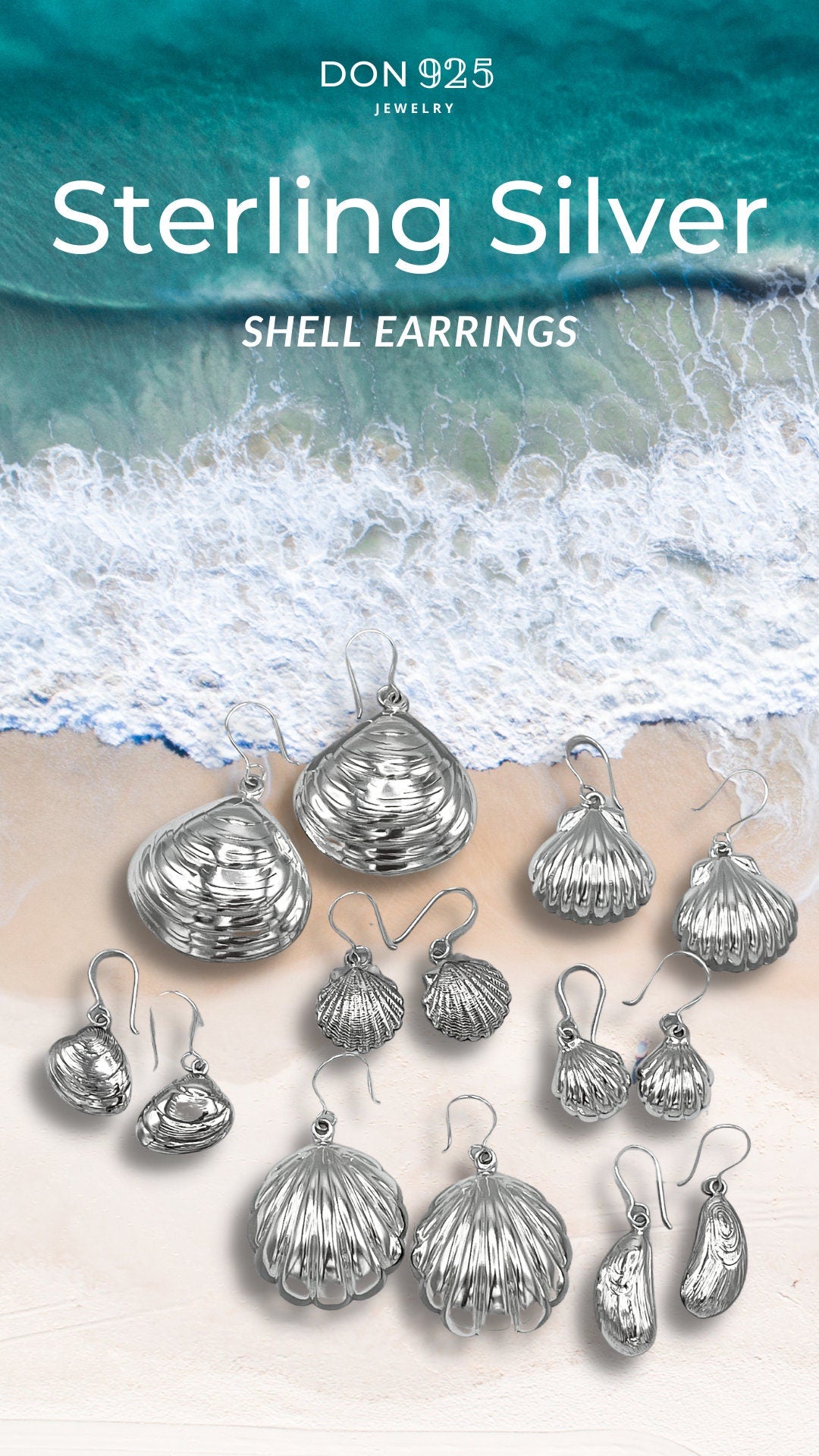 Big Sterling Silver Clam Shell Dangle Earrings