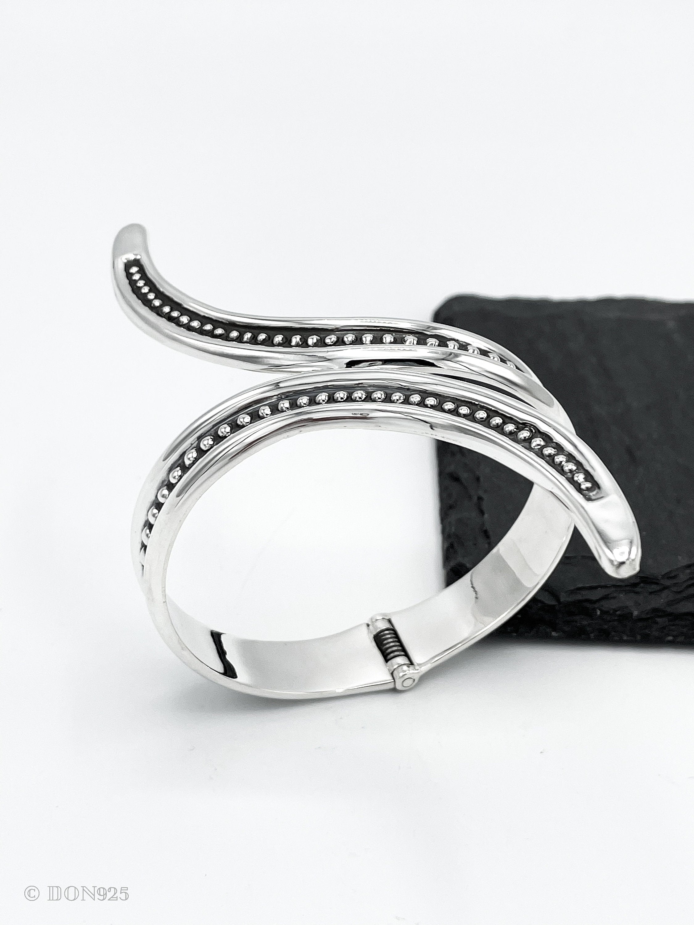 Wavy Sterling Silver Dotted Bangle: Mexican Studded Hinged Bracelet