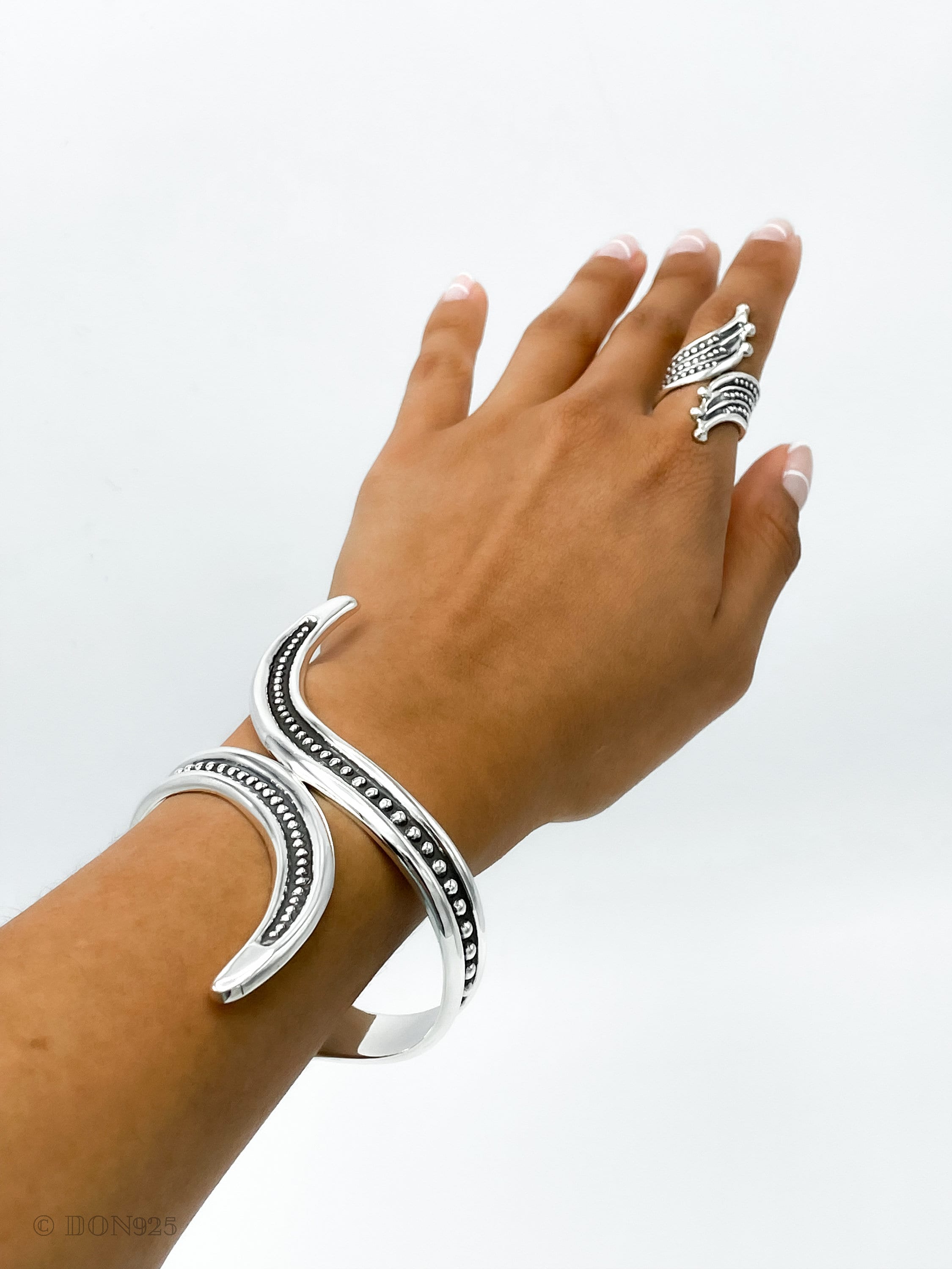 Wavy Sterling Silver Dotted Bangle: Mexican Studded Hinged Bracelet