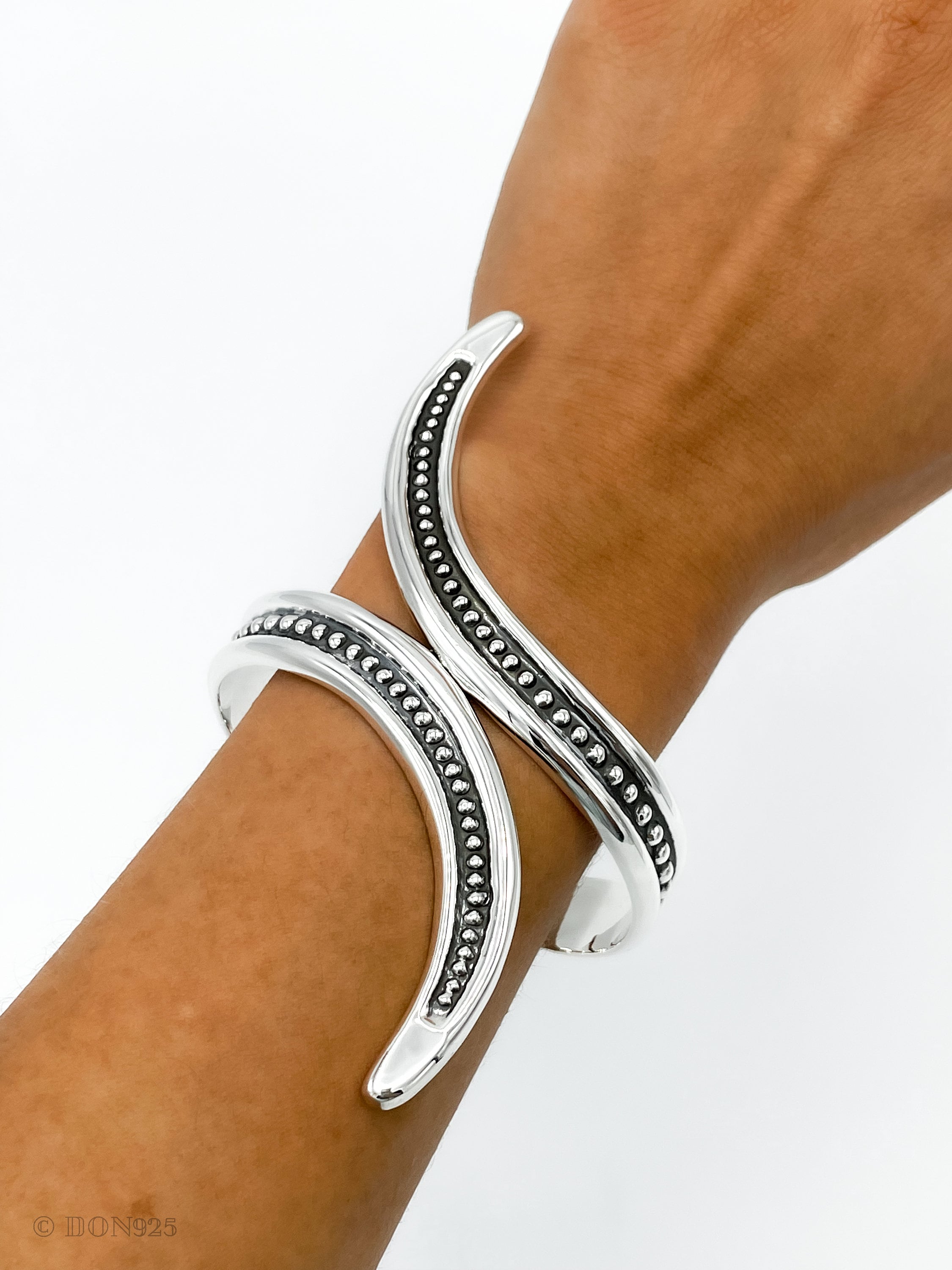 Wavy Sterling Silver Dotted Bangle: Mexican Studded Hinged Bracelet