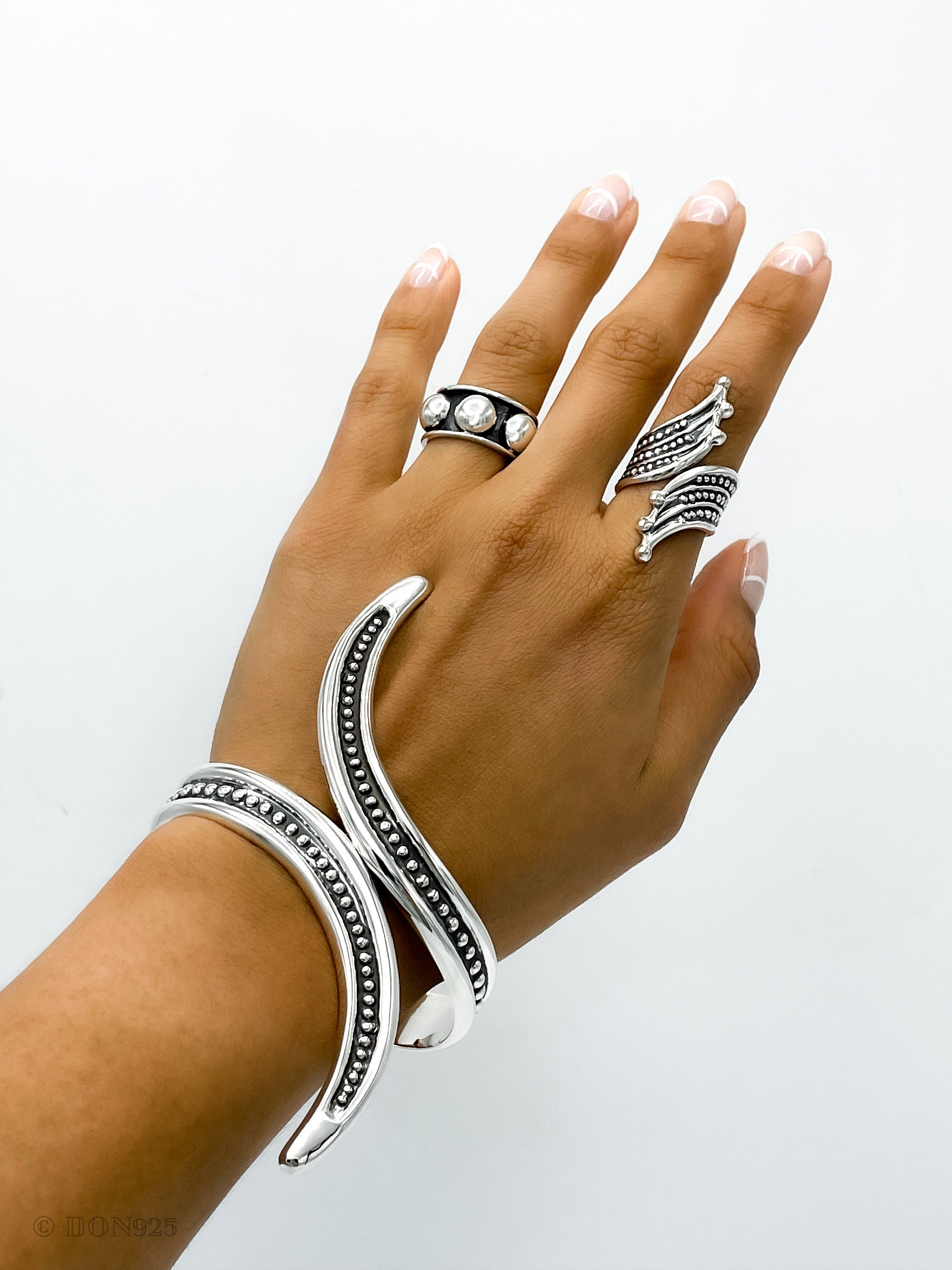 Wavy Sterling Silver Dotted Bangle: Mexican Studded Hinged Bracelet