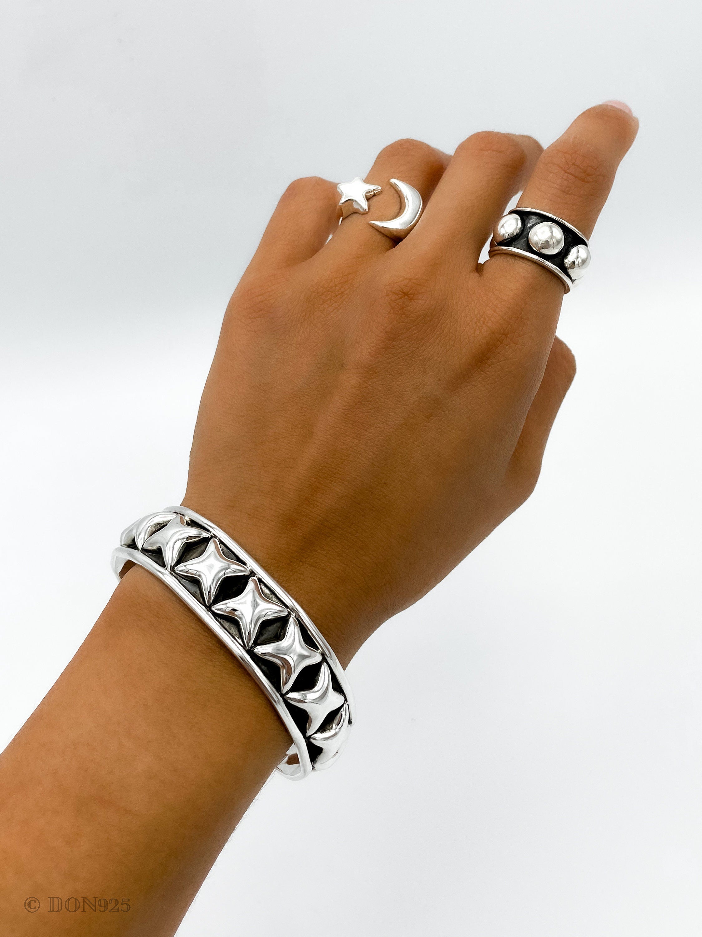 Mexican Starry Night: Sterling Silver Stars Cuff Bracelet, a Taxco, Mexico Design