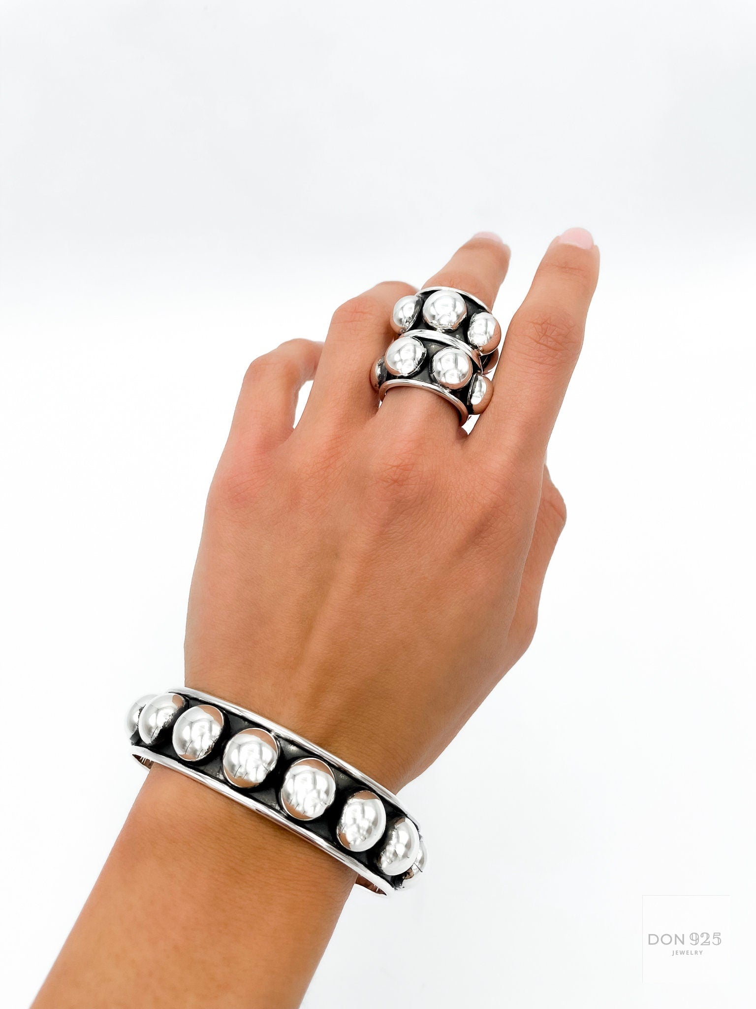 Wide Sterling Silver Studded Ring: Blackened Statement Band, Western Style Jewelry