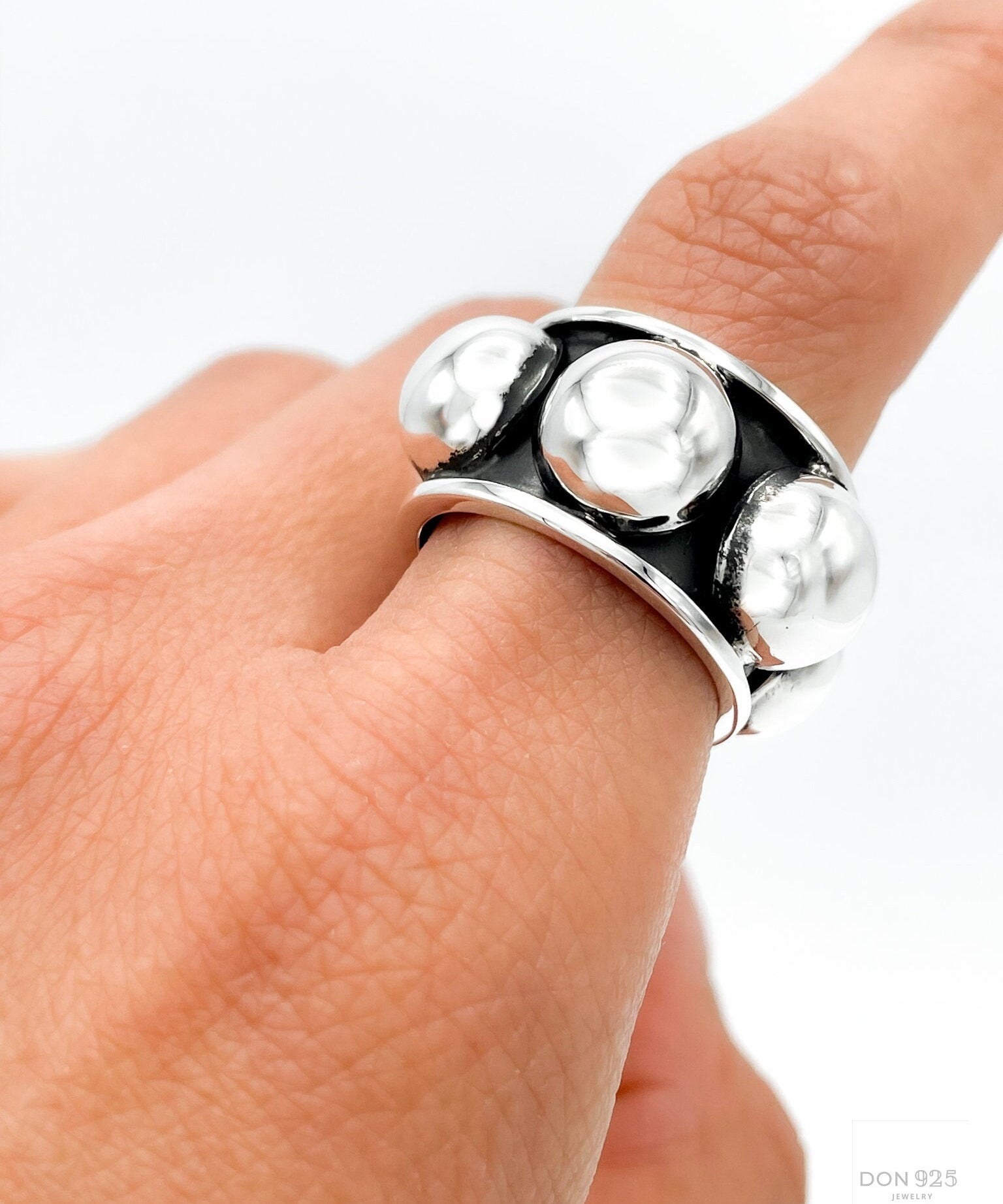 Wide Sterling Silver Studded Ring: Blackened Statement Band, Western Style Jewelry