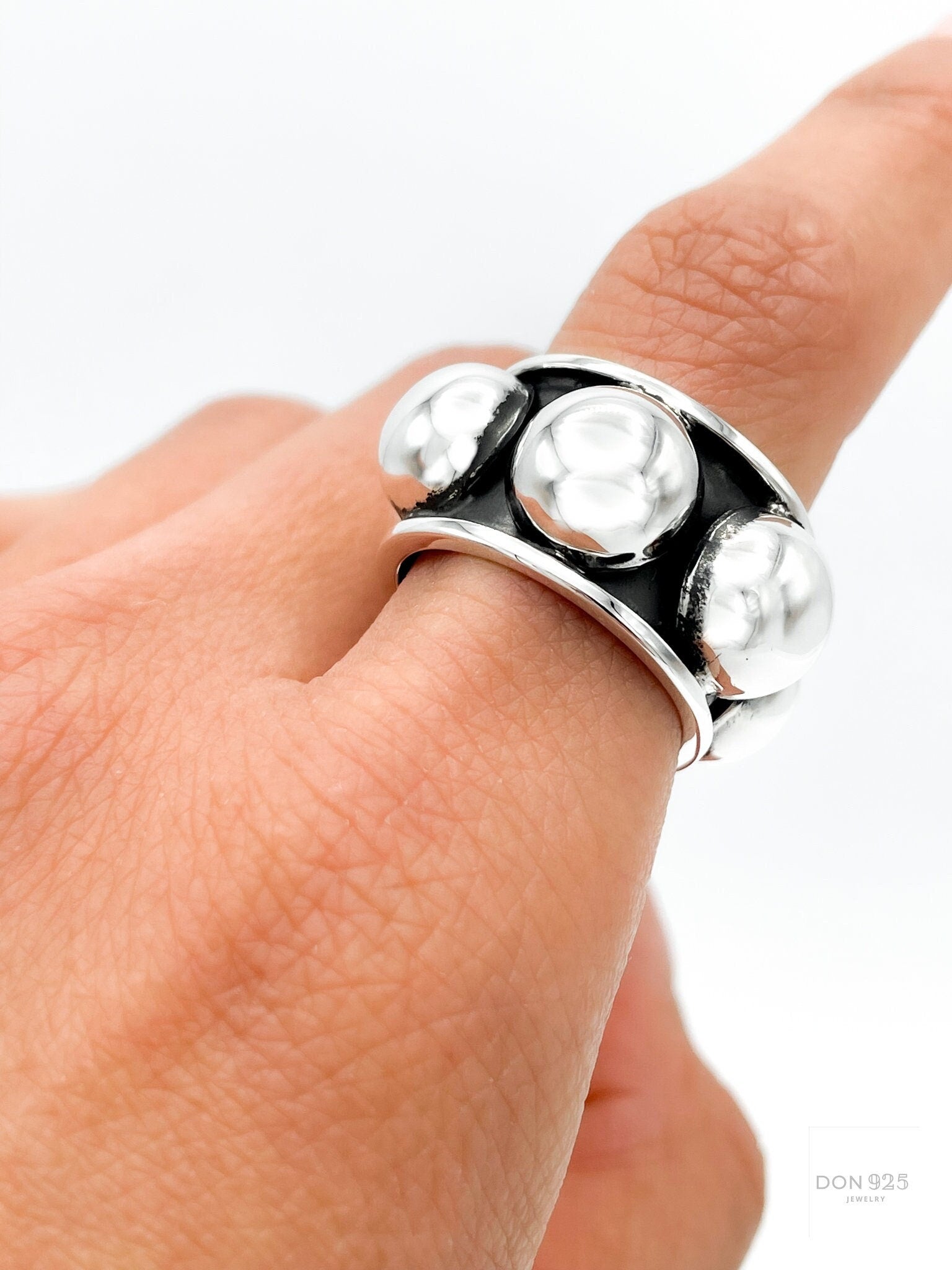 Wide Sterling Silver Studded Ring: Blackened Statement Band, Western Style Jewelry