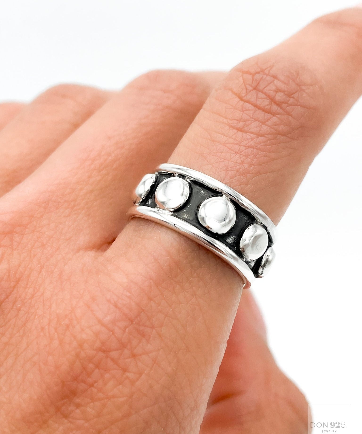 Sterling Silver Studded Ring: Beaded Western Rustic Band