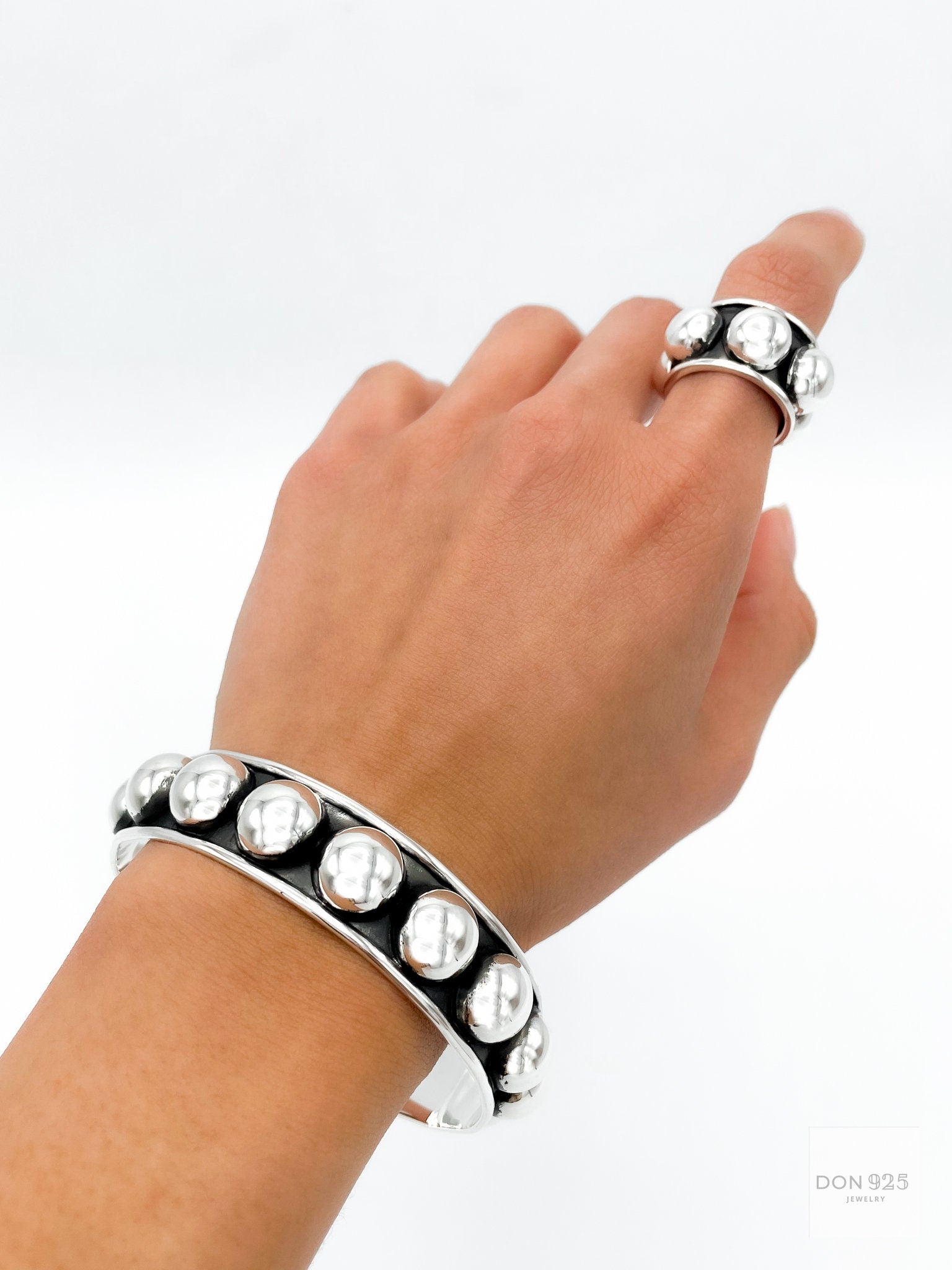 Wide Sterling Silver Studded Ring: Blackened Statement Band, Western Style Jewelry