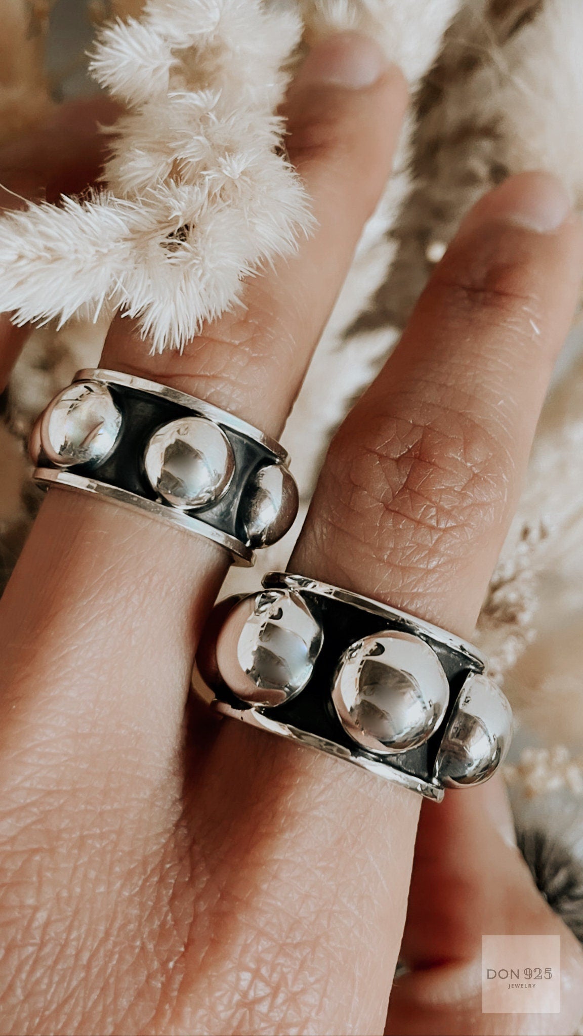 Oxidized Sterling Silver Dome Ring: Chunky Beaded Statement Band, Studded Jewelry