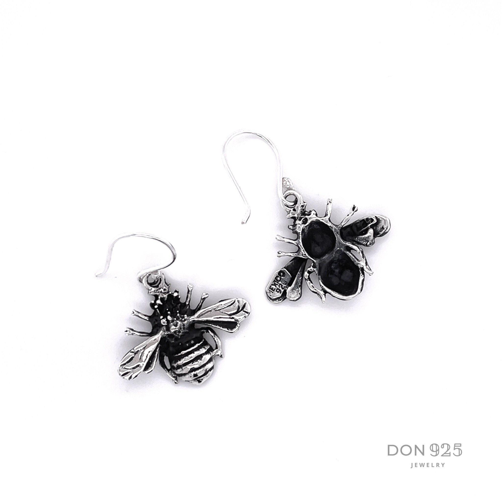 Sterling Silver Bee Dangle Earrings: Rustic Insect Jewelry