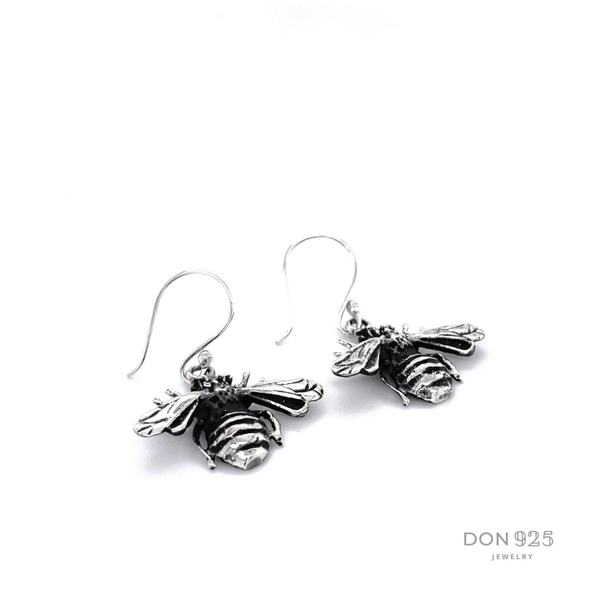 Sterling Silver Bee Dangle Earrings: Rustic Insect Jewelry