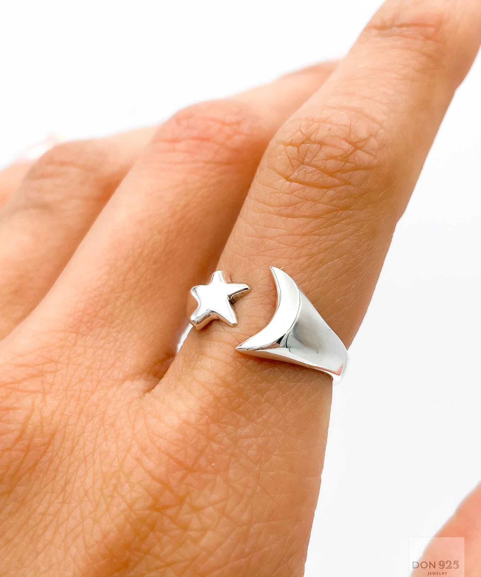 Sterling Silver Moon and Star Ring: Minimalist Lightweight Jewelry