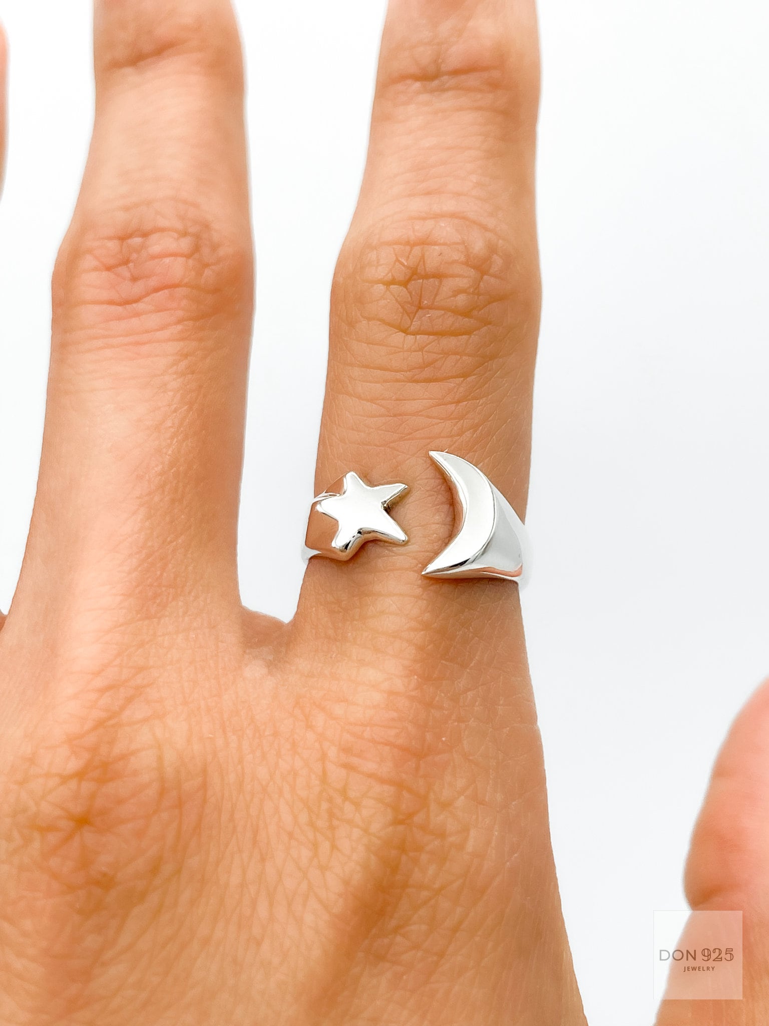 Sterling Silver Moon and Star Ring: Minimalist Lightweight Jewelry