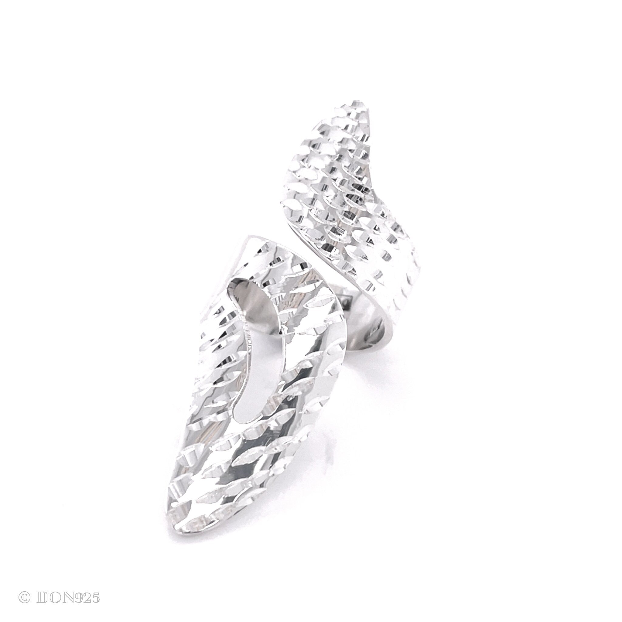 Sterling Silver Leaf Adjustable Ring: Long Shiny Disco-Ball Style