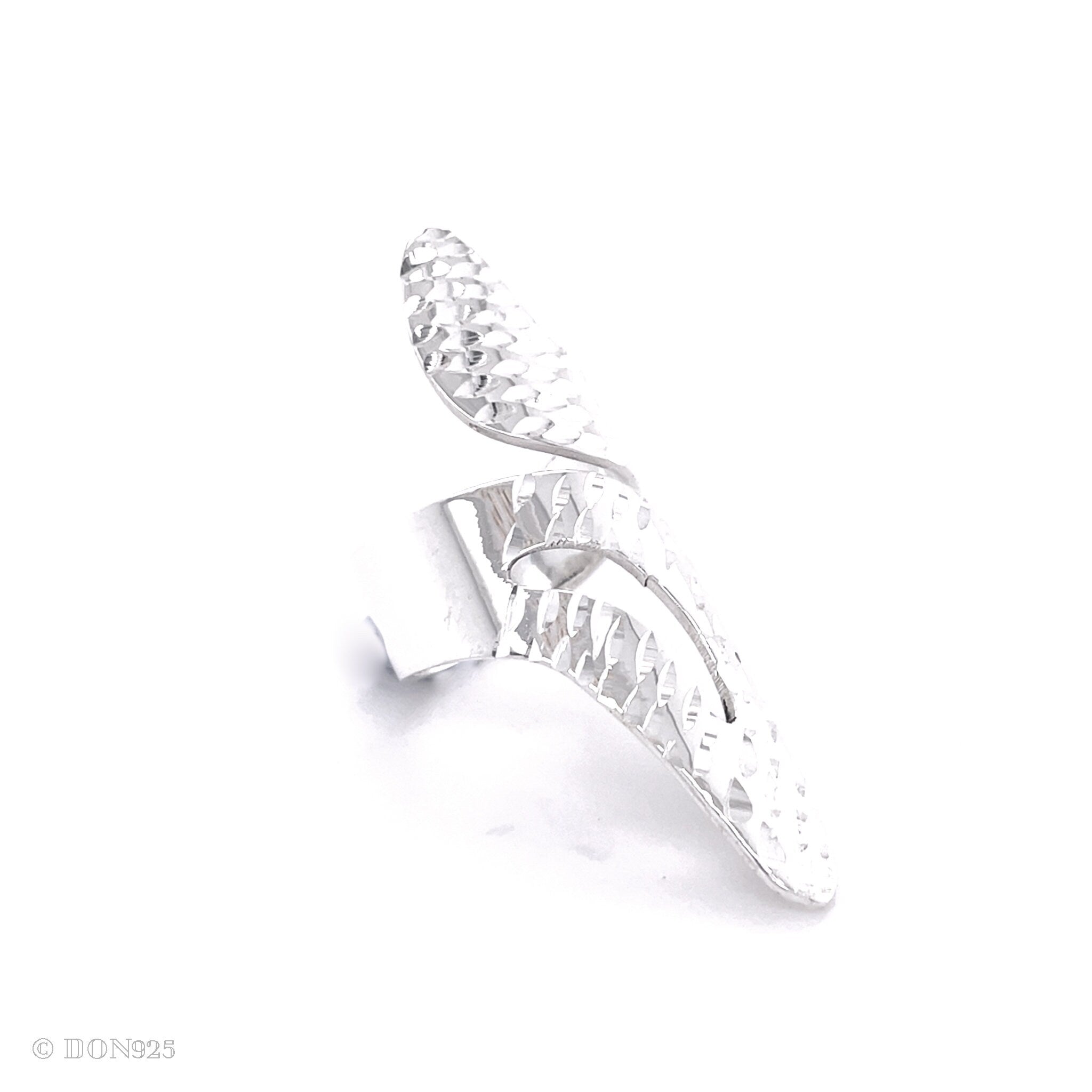 Sterling Silver Leaf Adjustable Ring: Long Shiny Disco-Ball Style