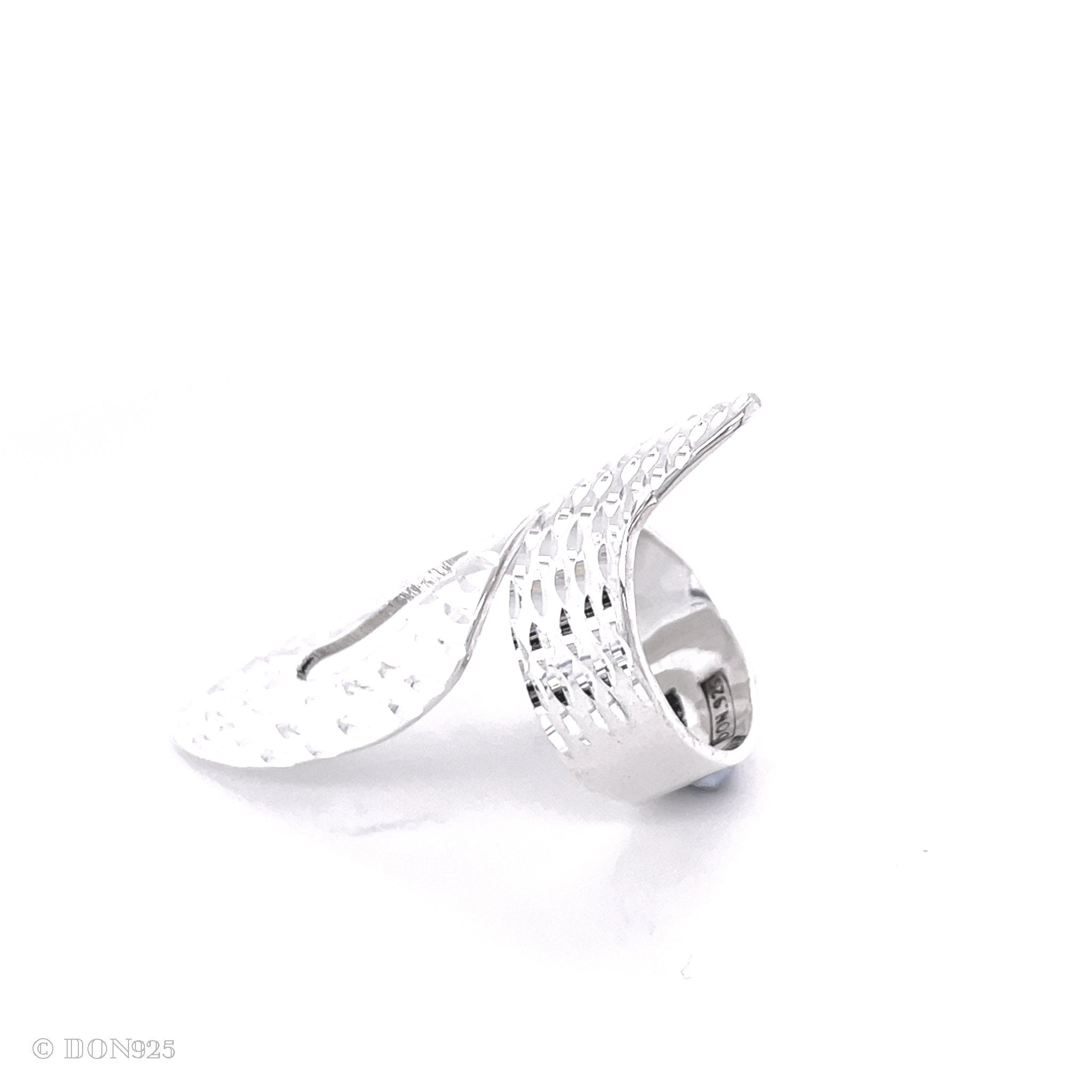 Sterling Silver Leaf Adjustable Ring: Long Shiny Disco-Ball Style