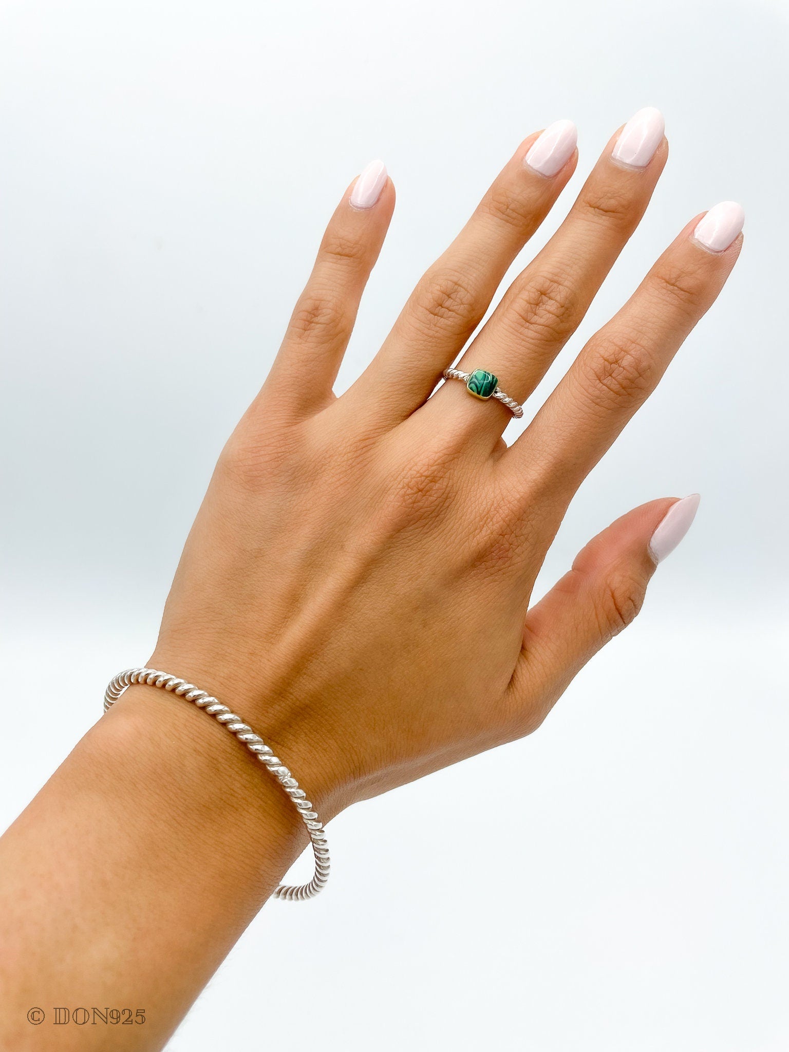 Sterling Silver Malachite Ring: Twisted Band, Boho Stacking Ring