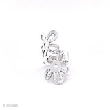A silver ring with a floral design. The ring is made of two overlapping flowers with a textured surface.