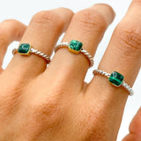 Sterling Silver Malachite Ring: Twisted Band, Boho Stacking Ring