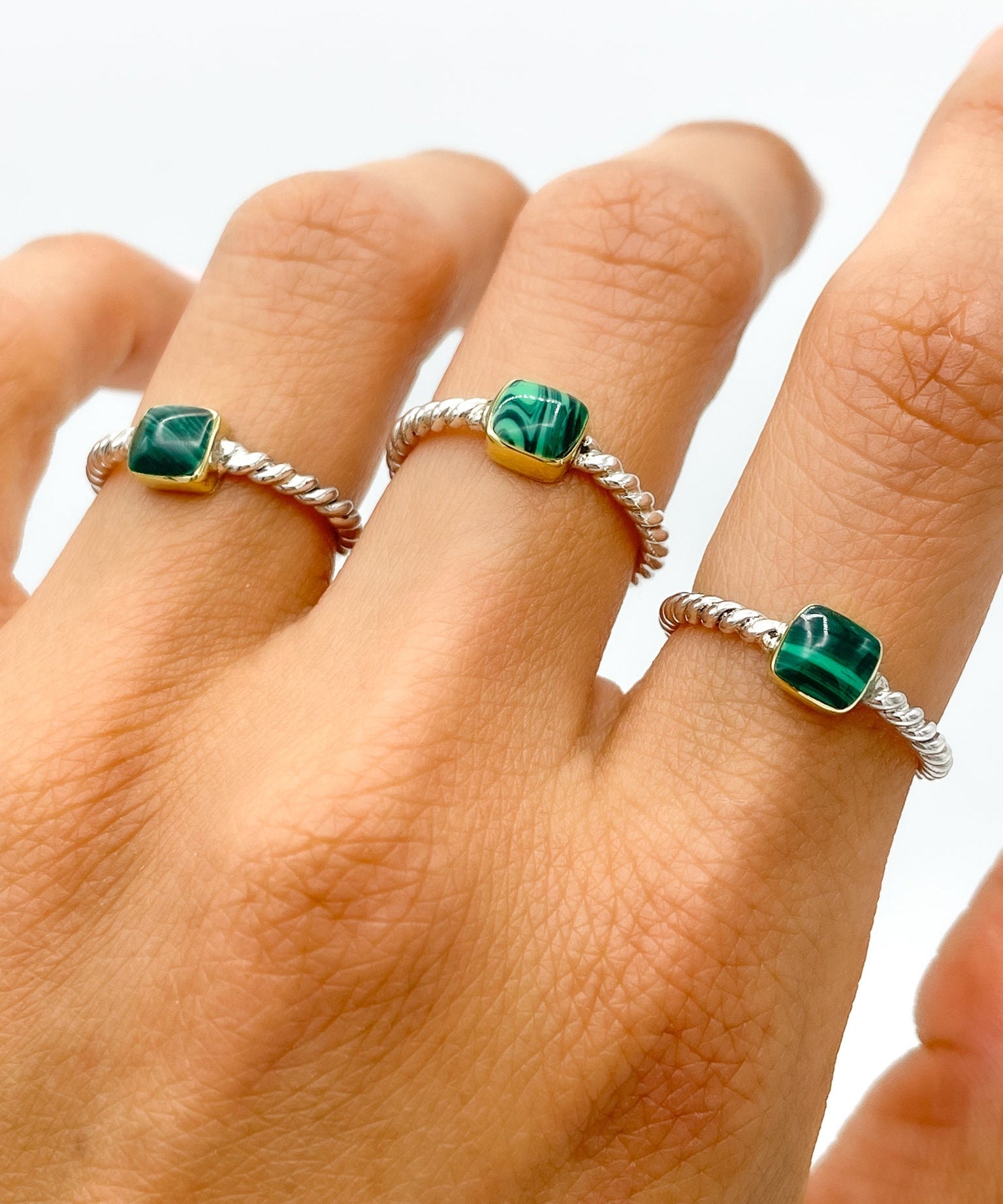 Sterling Silver Malachite Ring: Twisted Band, Boho Stacking Ring