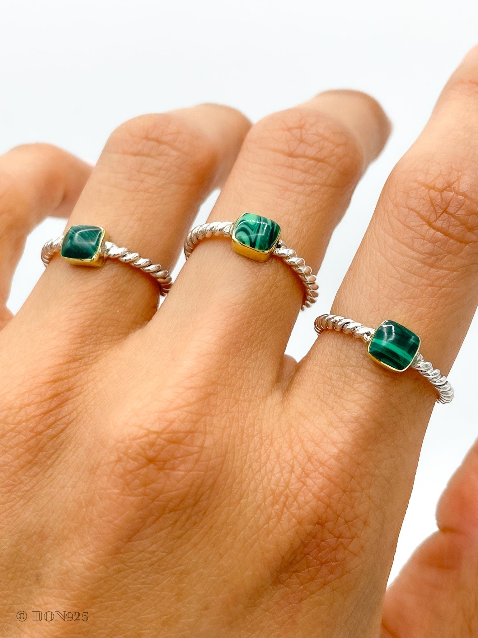 Sterling Silver Malachite Ring: Twisted Band, Boho Stacking Ring