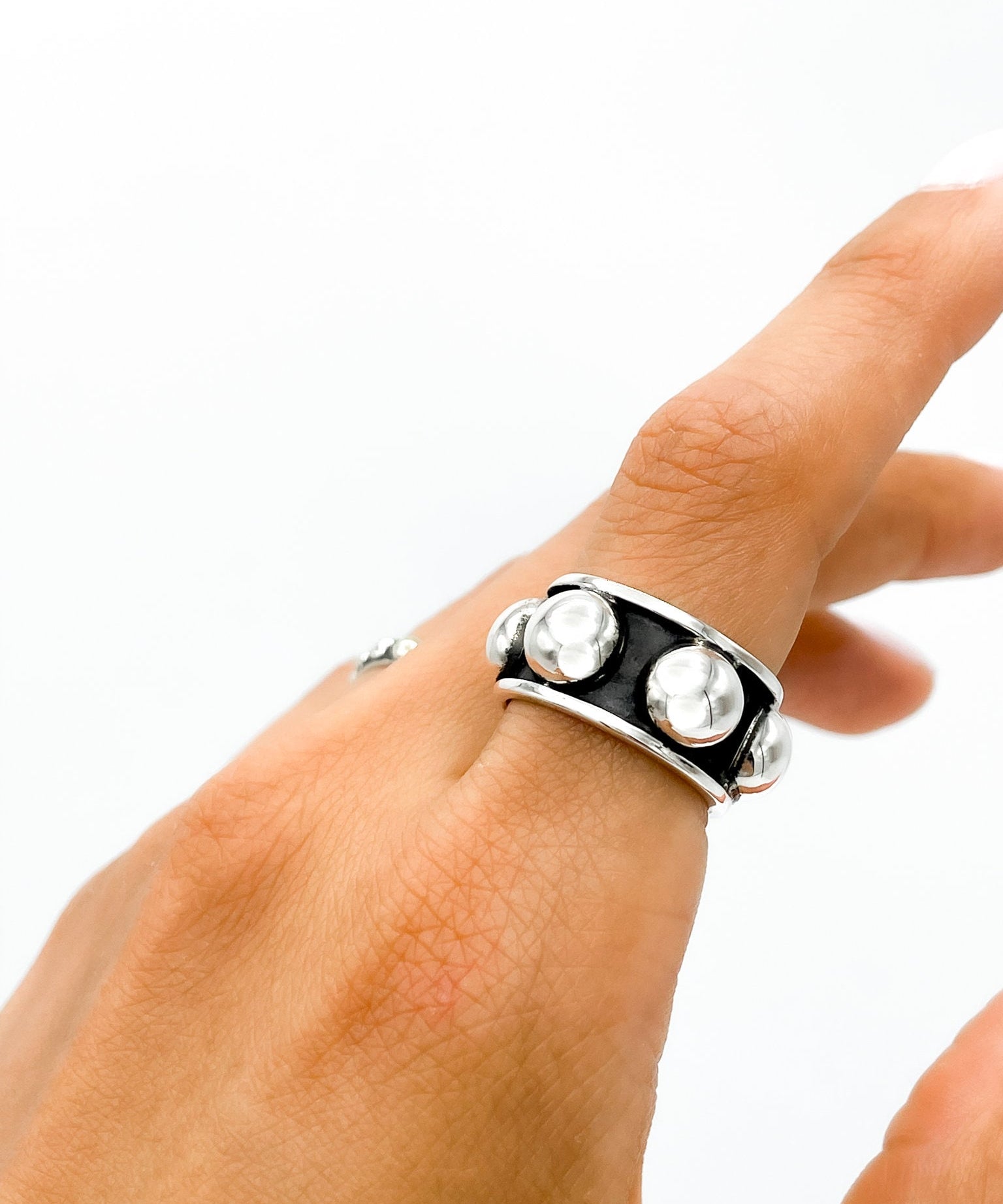 Oxidized Sterling Silver Dome Ring: Chunky Beaded Statement Band, Studded Jewelry